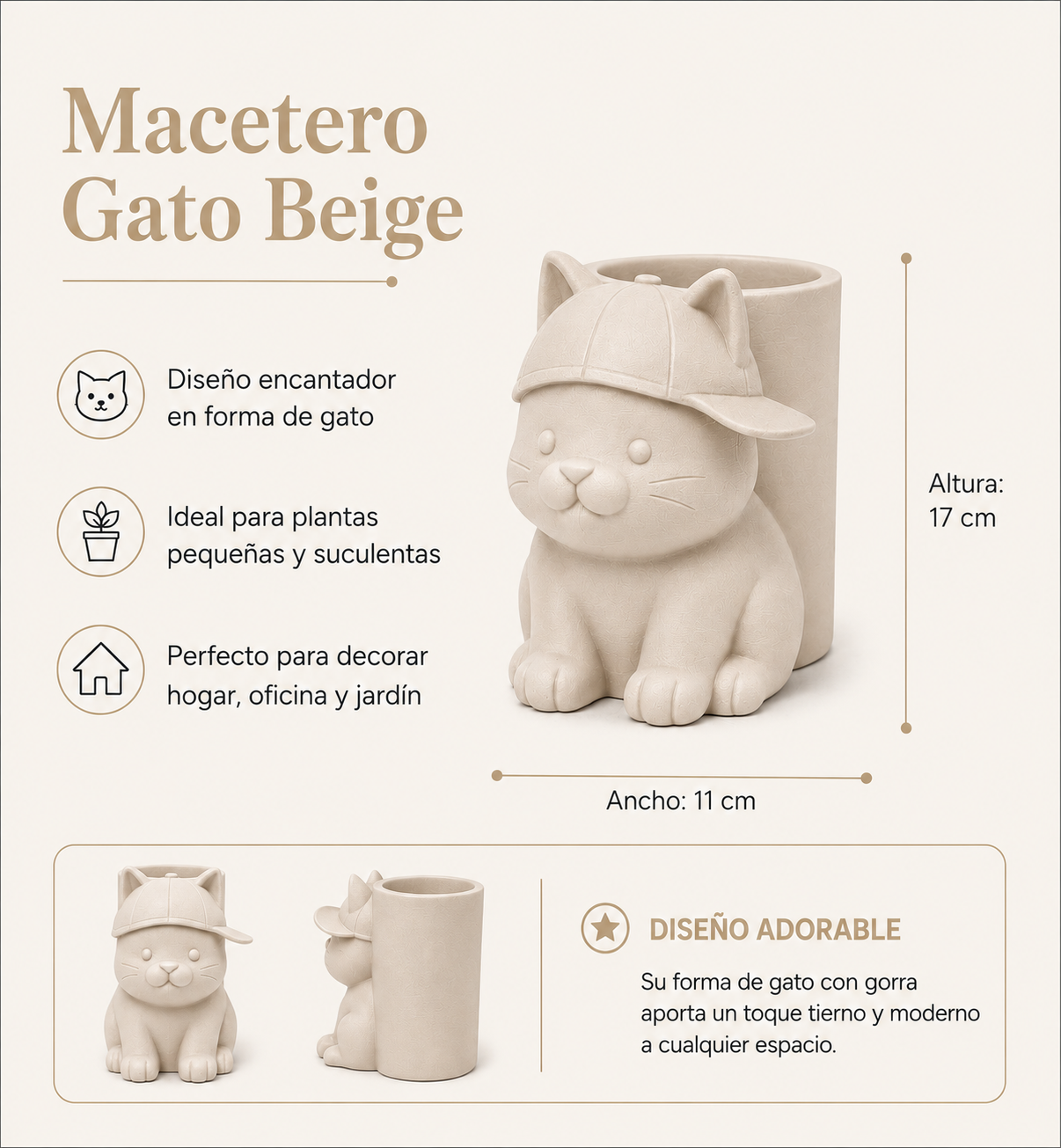 Macetero Decorativo Hogar- Michi Gorra 17 cm Beige -1
