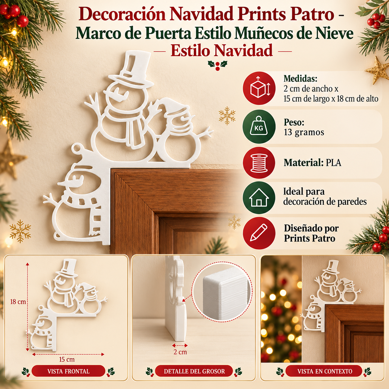 Decoración Navidad Prints Patro -Marco de Puerta Estilo Muñecos de Nieve Blanco-3