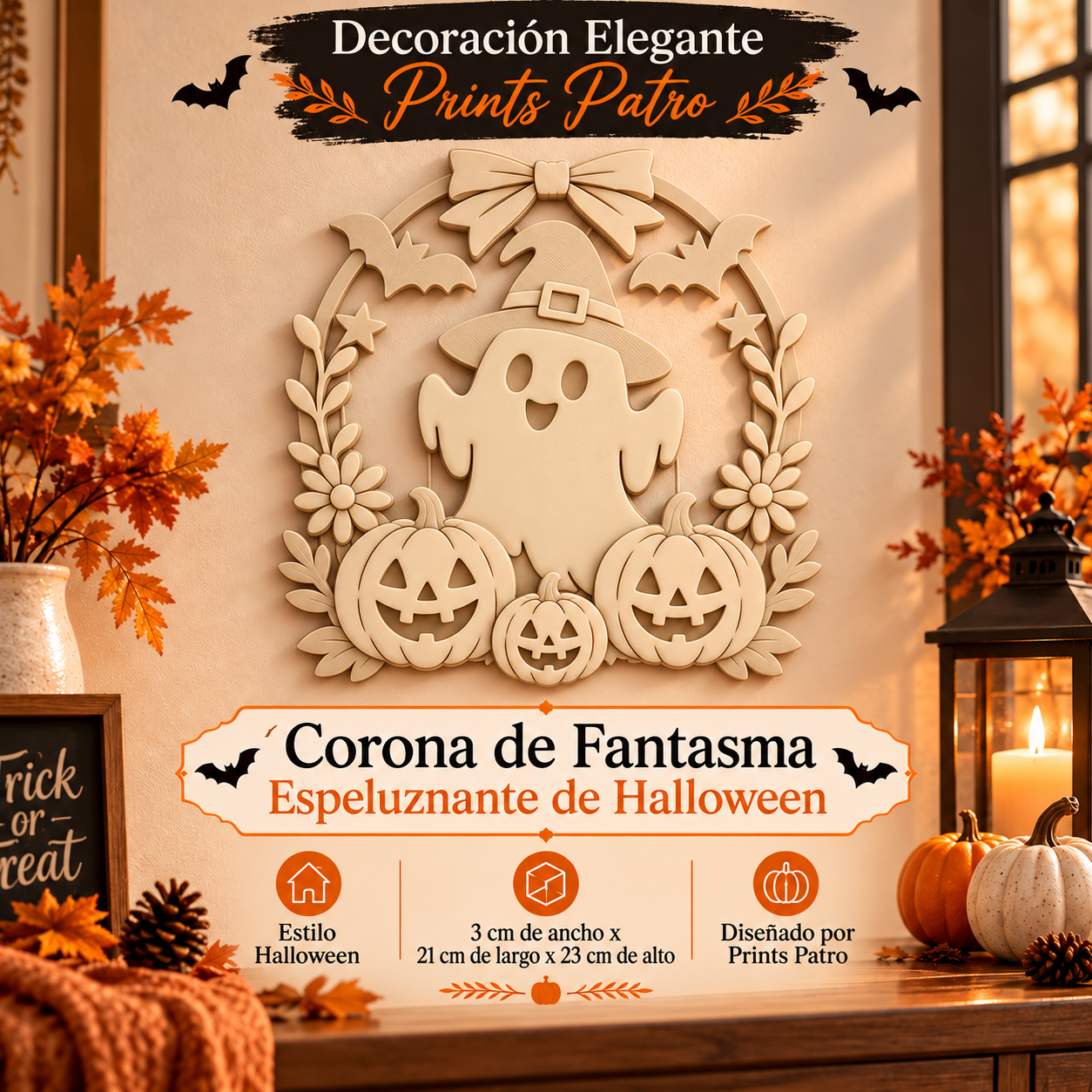Decoración Elegante Prints Patro - Corona de Fantasma Espeluznante de Halloween Beige-1