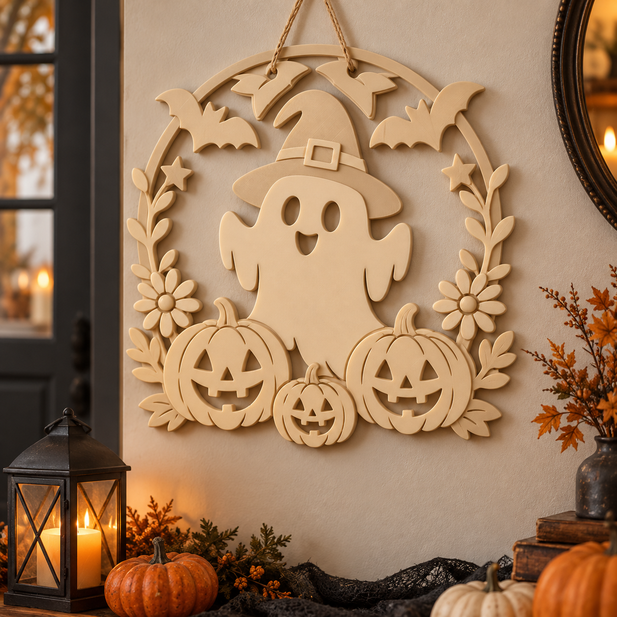 Decoración Elegante Prints Patro - Corona de Fantasma Espeluznante de Halloween Beige-2
