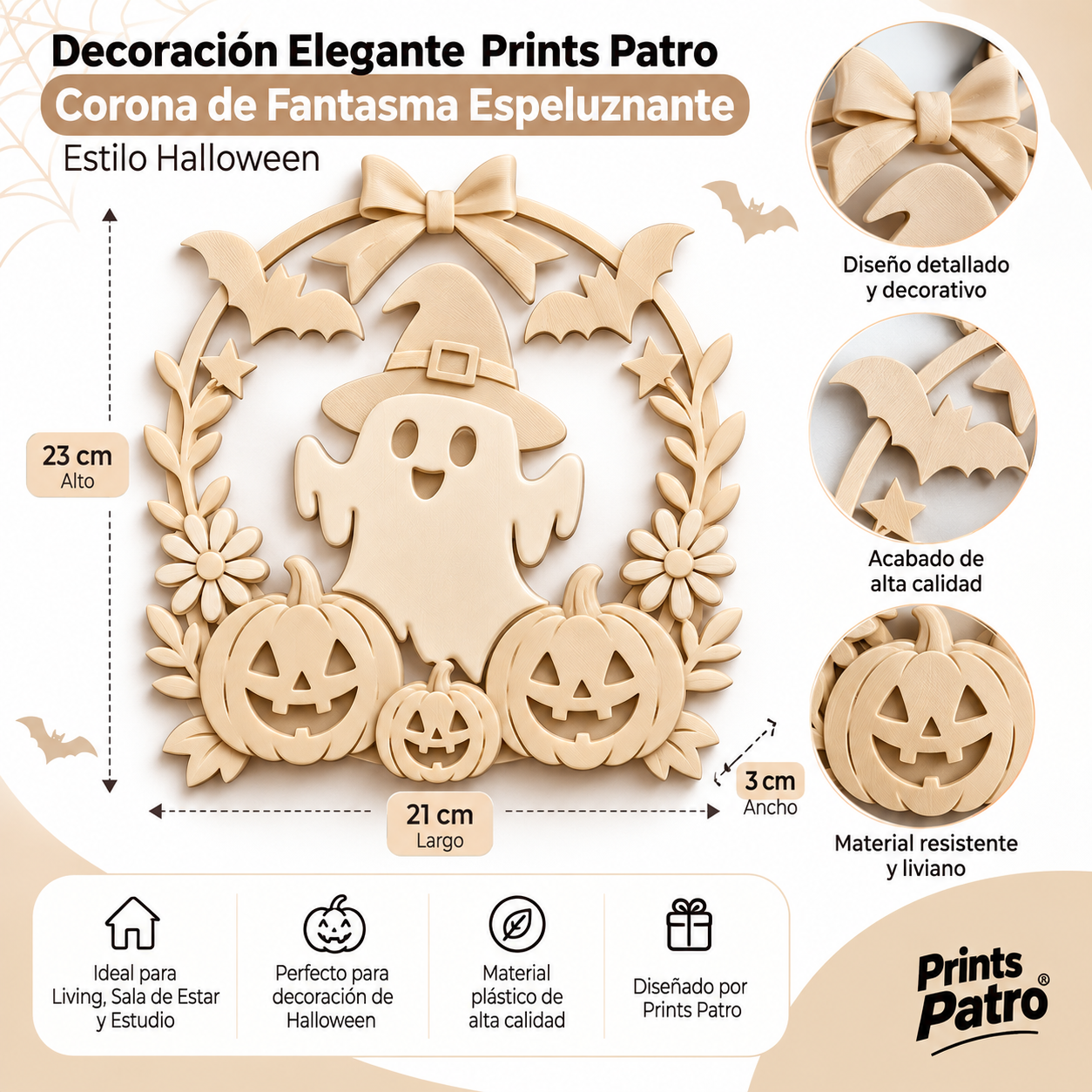 Decoración Elegante Prints Patro - Corona de Fantasma Espeluznante de Halloween Beige-3