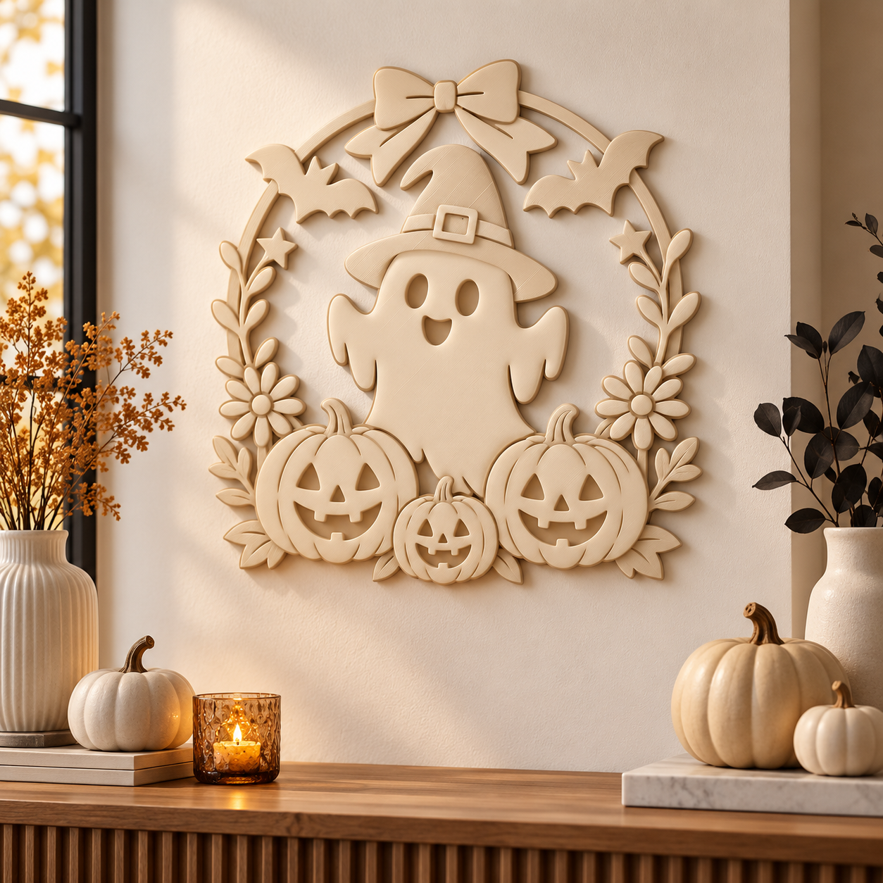 Decoración Elegante Prints Patro - Corona de Fantasma Espeluznante de Halloween Beige-5