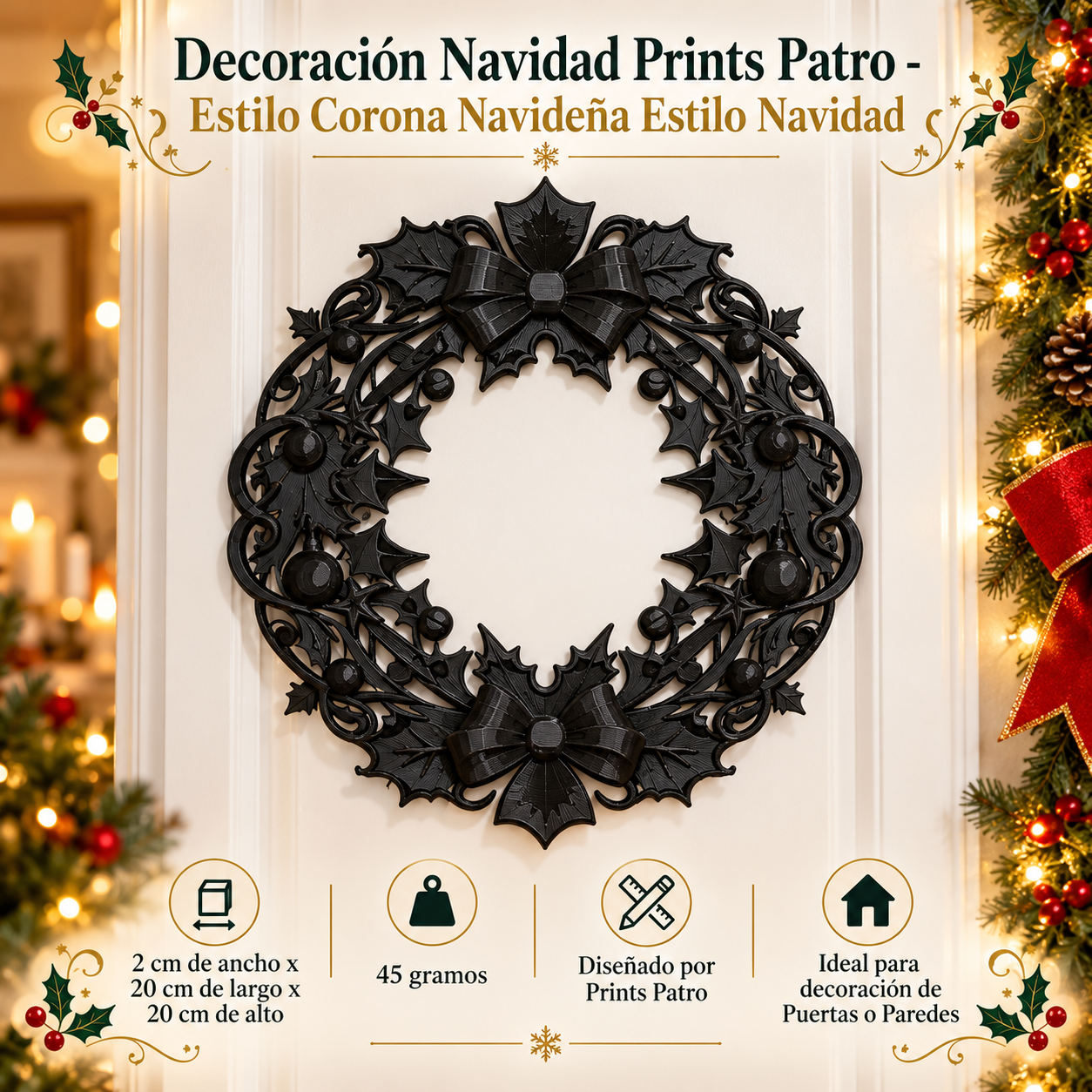 Decoración Navidad Prints Patro - Estilo Corona Navideña Negro-1