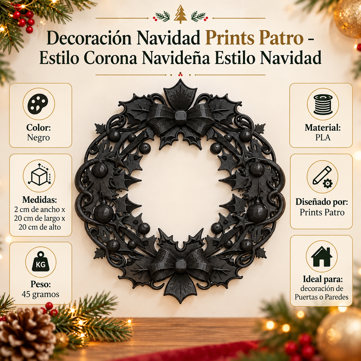 Decoración Navidad Prints Patro - Estilo Corona Navideña Negro-3