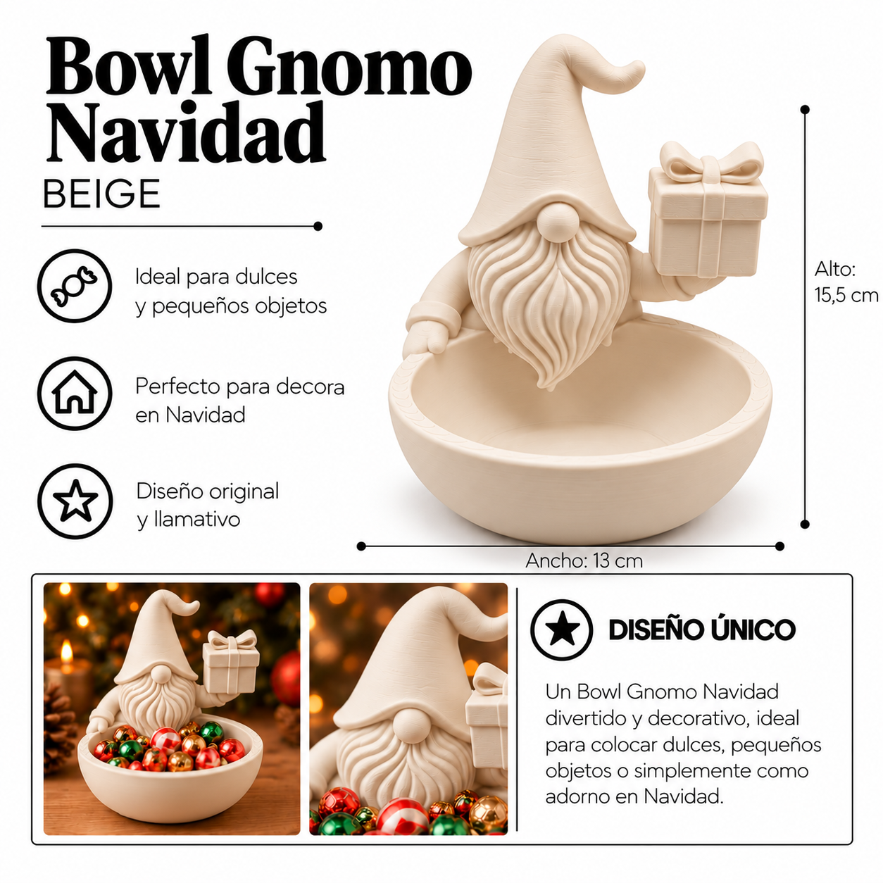 Bowl Decorativo- Gnomo de Navidad 15 cm Beige -1