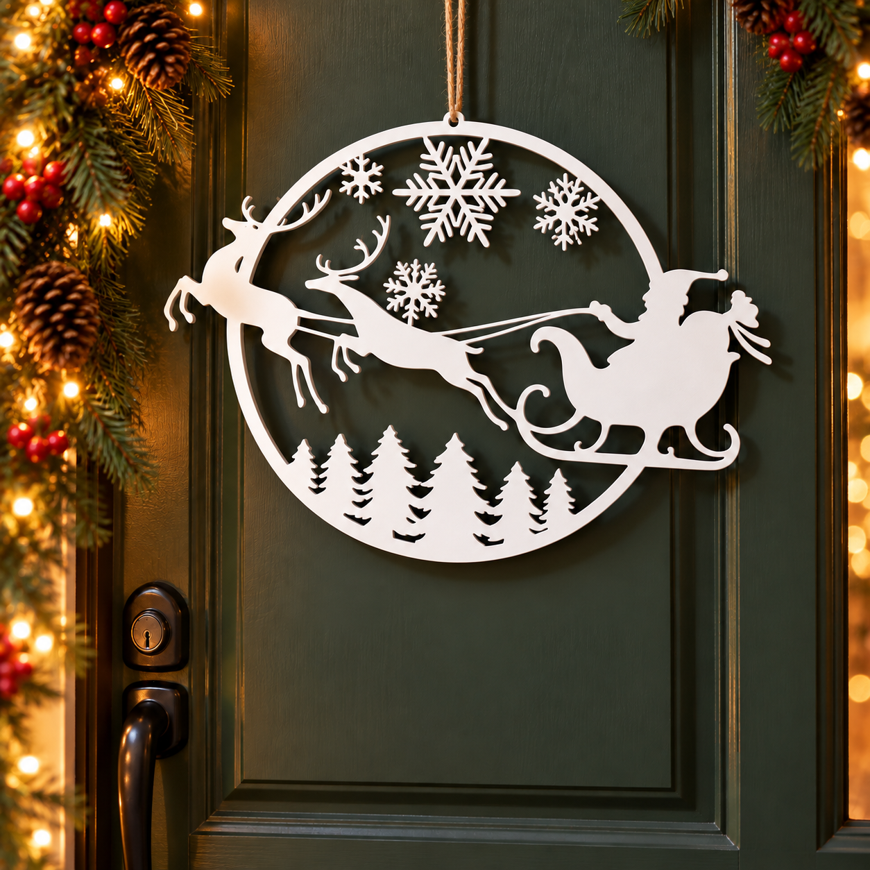 Decoración Navidad Prints Patro - Corona Estilo Trineo Volando Blanco-2