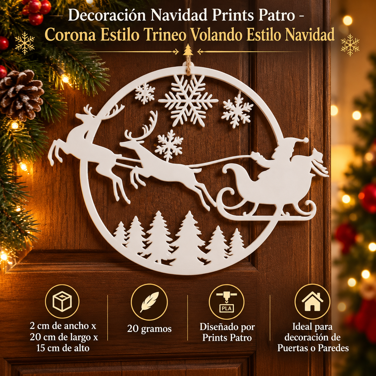 Decoración Navidad Prints Patro - Corona Estilo Trineo Volando Blanco-3