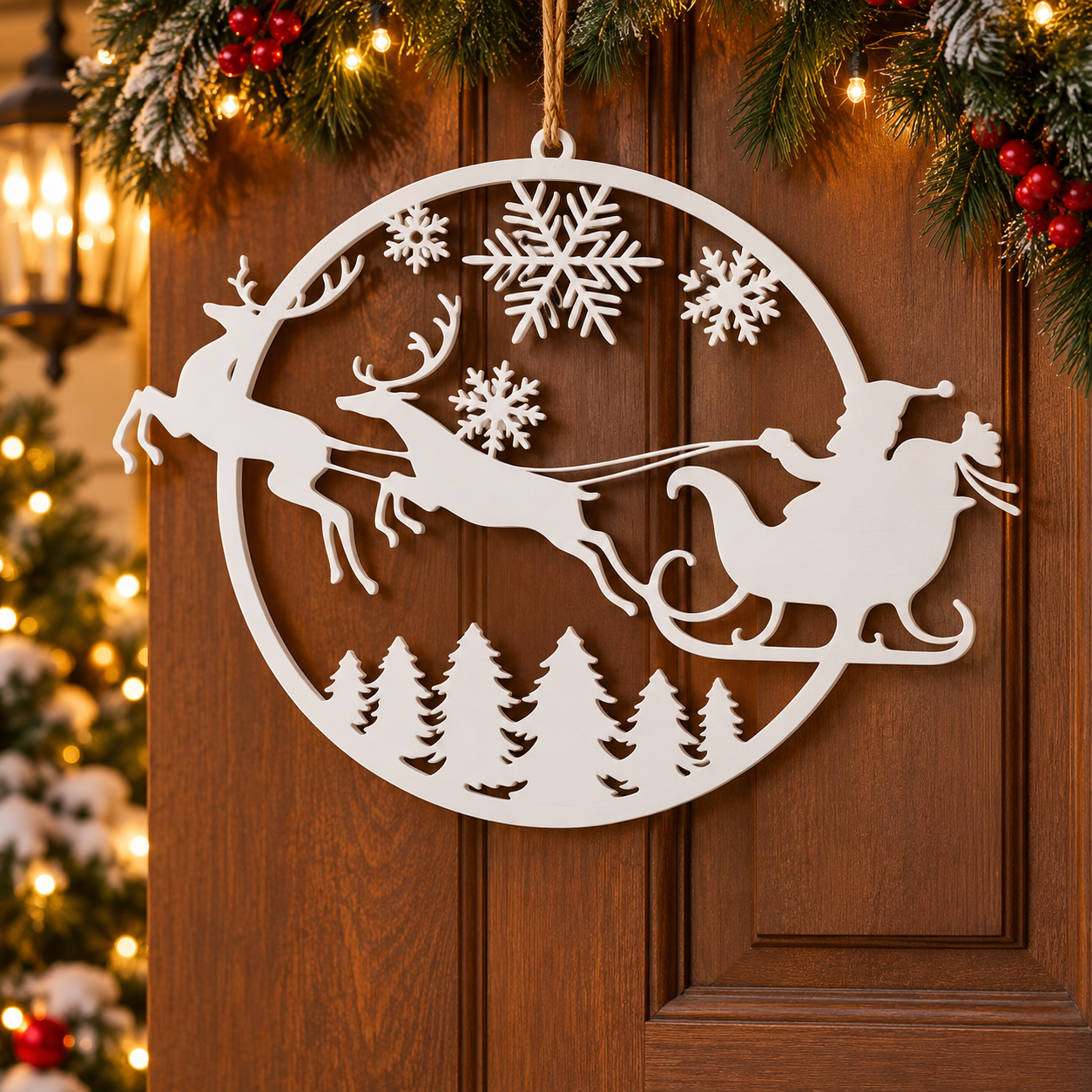 Decoración Navidad Prints Patro - Corona Estilo Trineo Volando Blanco-4