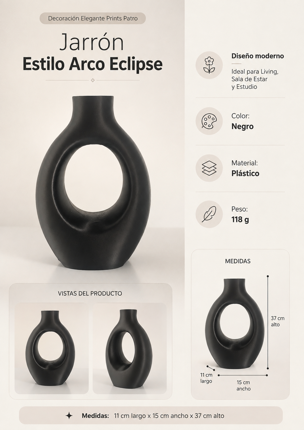 Decoración Elegante Prints Patro - Jarrón Estilo Arco Eclipse Negro-3