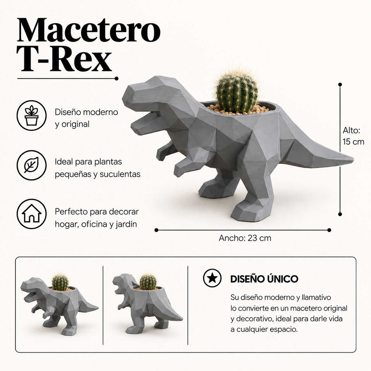 Macetero Decorativo Hogar- Maceta T-Rex 15 cm Gris -1