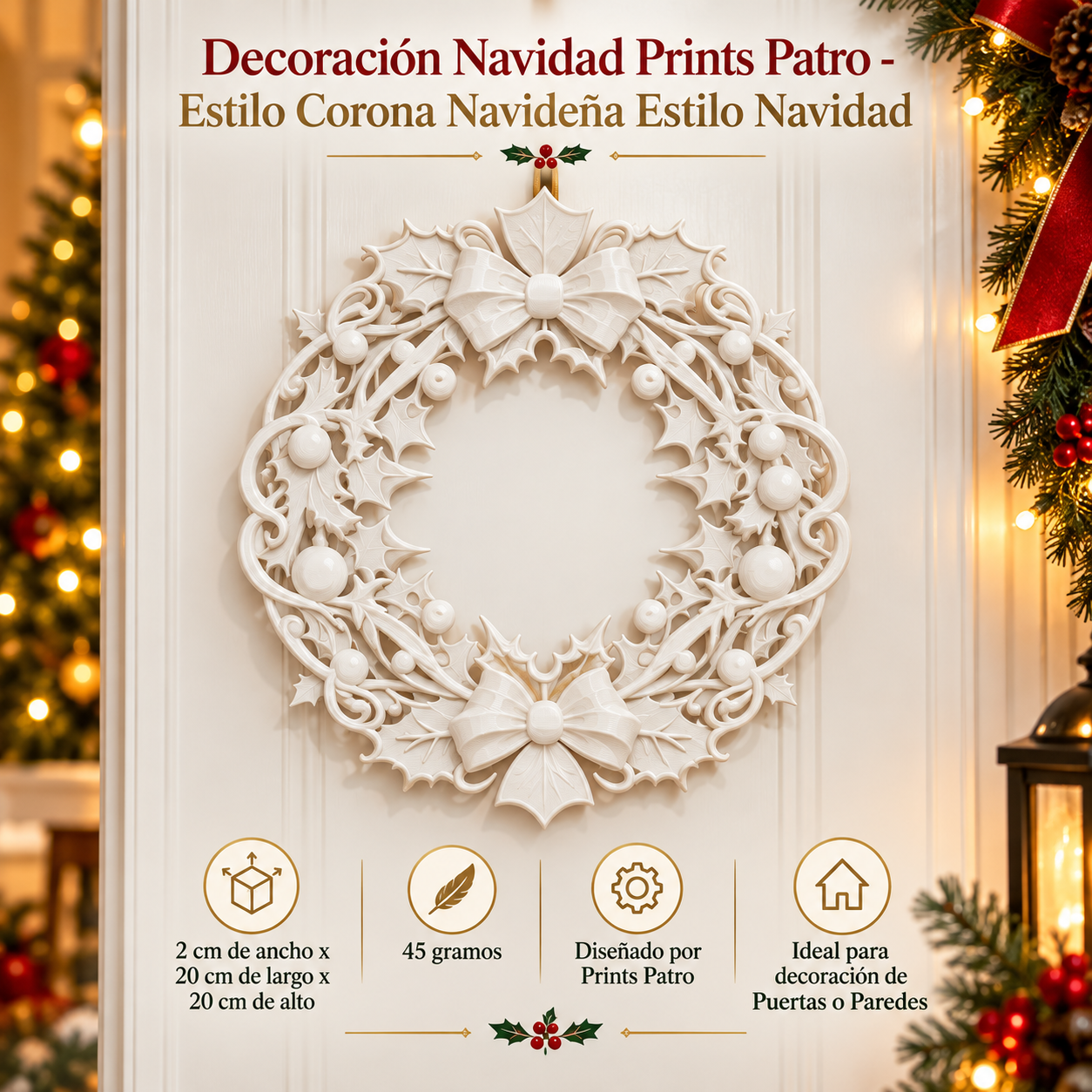 Decoración Navidad Prints Patro - Estilo Corona Navideña Blanco-1