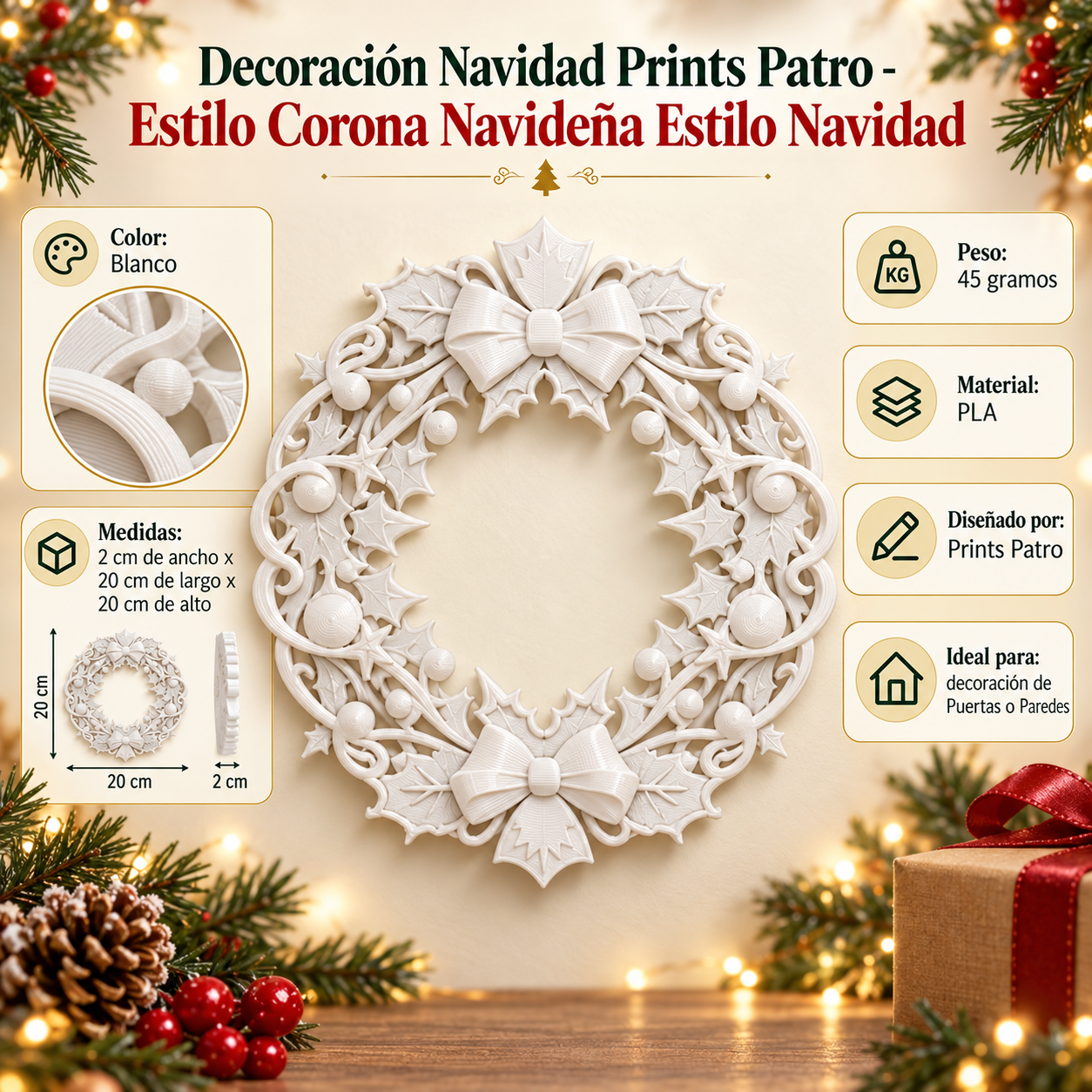 Decoración Navidad Prints Patro - Estilo Corona Navideña Blanco-3