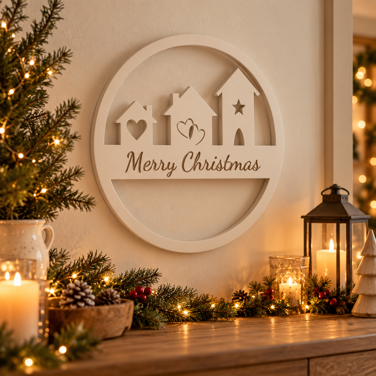 Decoración Navidad Prints Patro - Corona Estilo Merry Christmas Beige-2