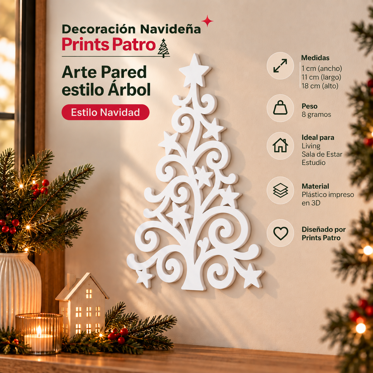 Decoración Navideña Prints Patro - Arte Pared estilo Árbol Blanco-1