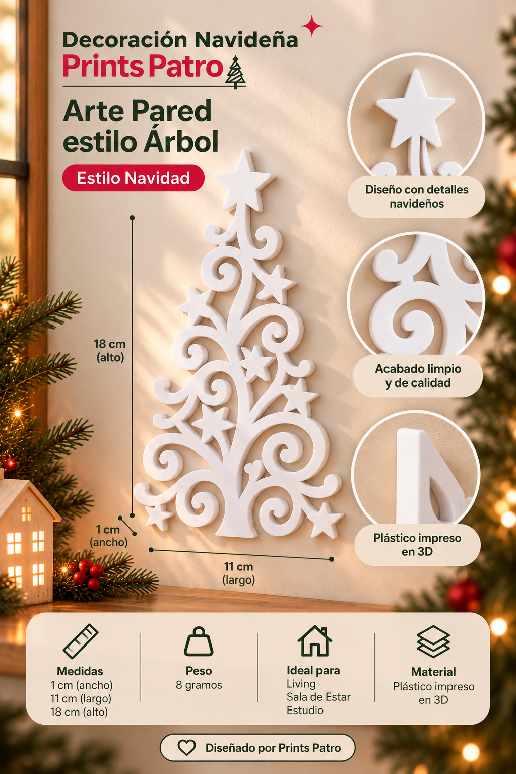 Decoración Navideña Prints Patro - Arte Pared estilo Árbol Blanco-3