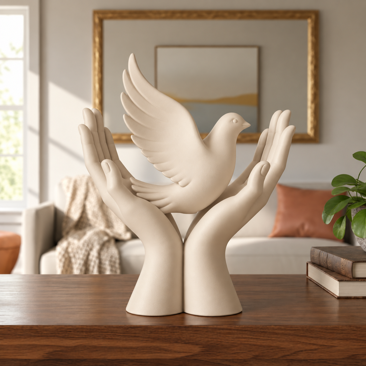 Escultura Decorativa Paloma en Manos Protectoras Beige-1