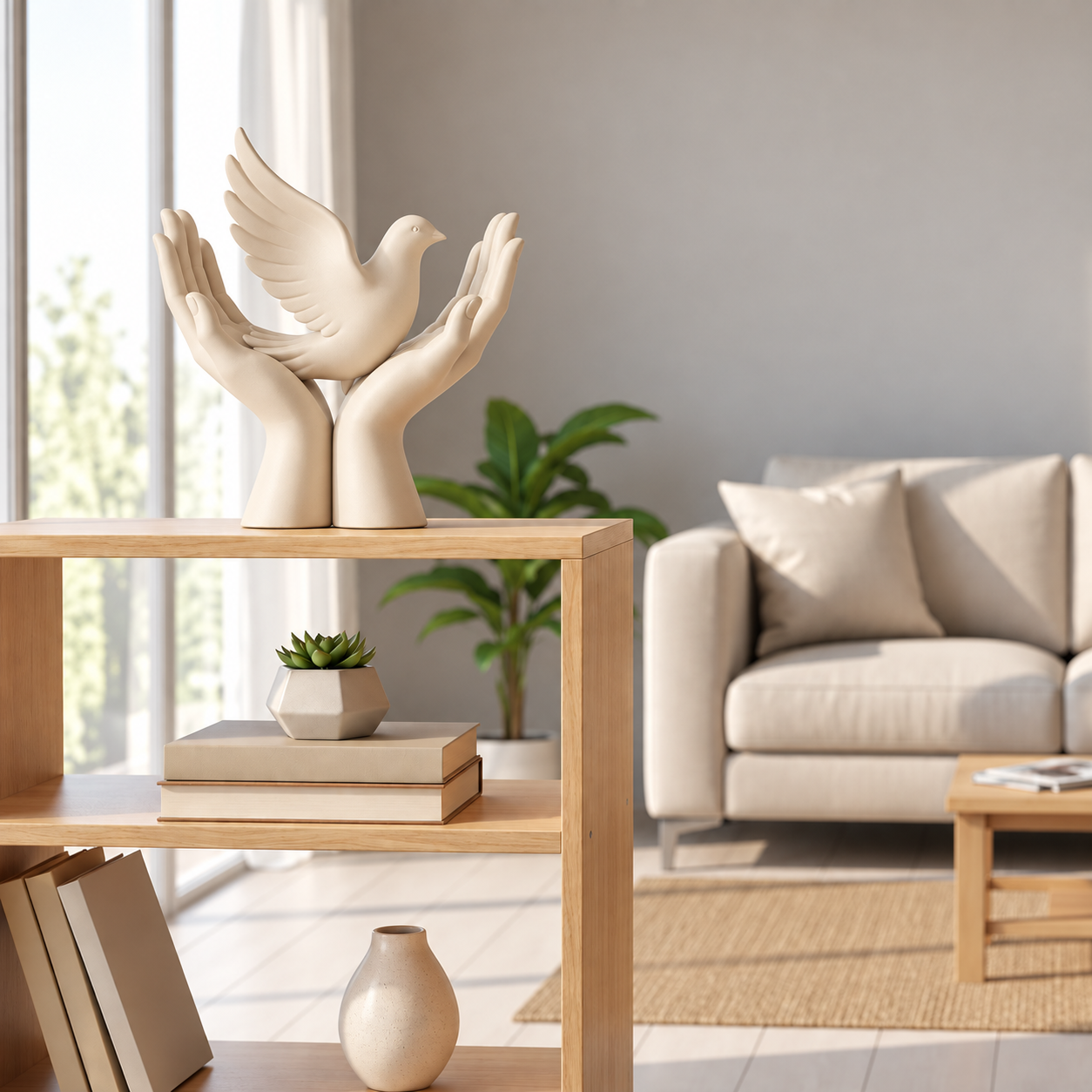 Escultura Decorativa Paloma en Manos Protectoras Beige-2