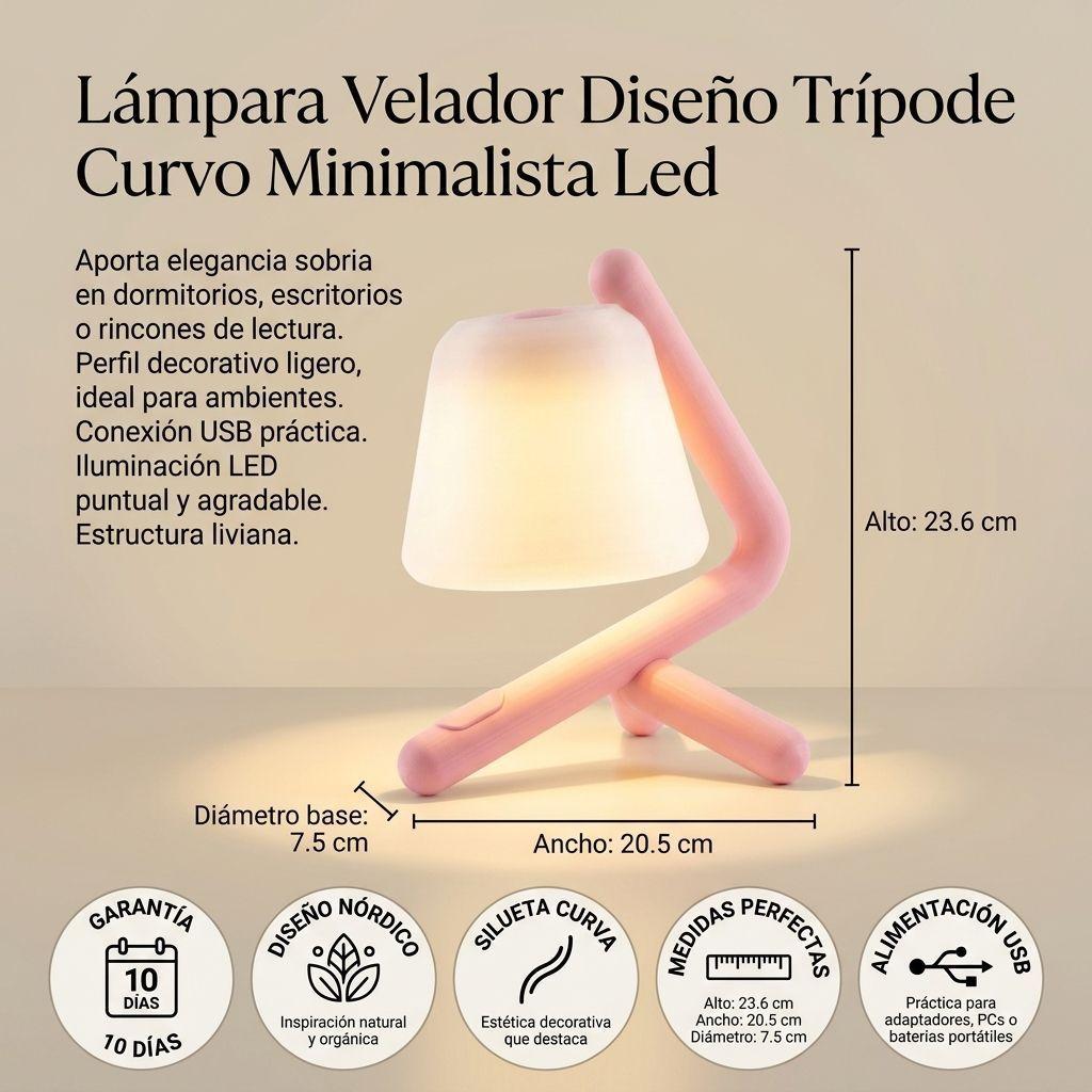 Lampara Velador Diseno Tripode Curvo Minimalista Led Rosa-3