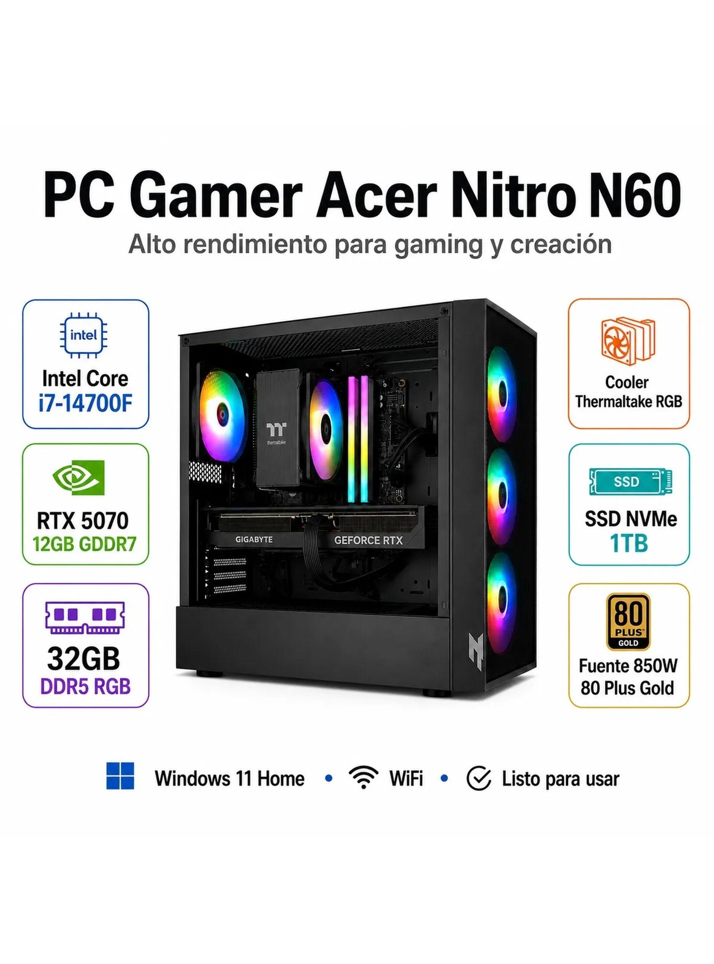 PC Gamer RTX 5070 i7 14700F 32GB DDR5 1 TB SSD Acer Nitro N60-5