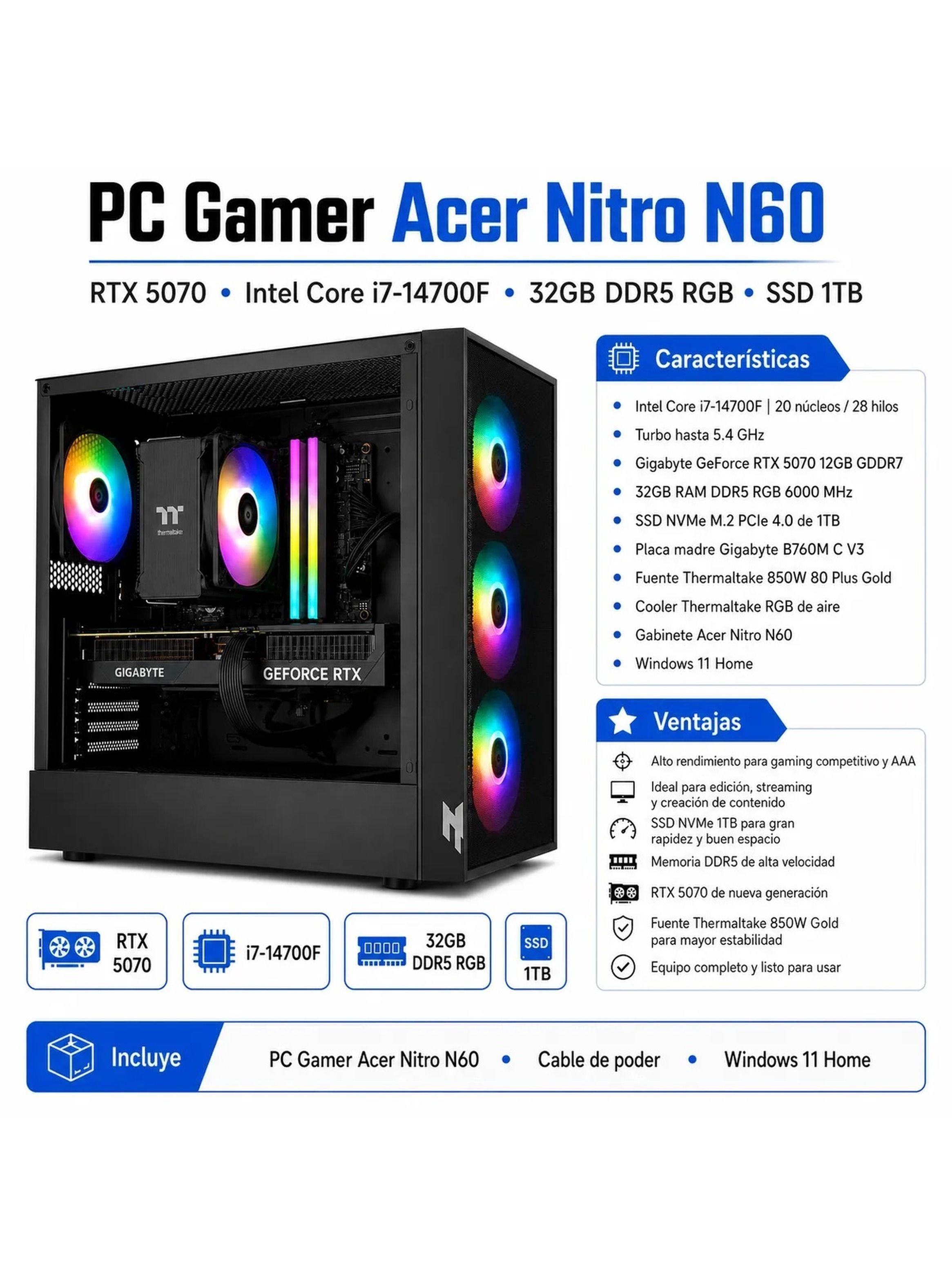 PC Gamer RTX 5070 i7 14700F 32GB DDR5 1 TB SSD Acer Nitro N60-6