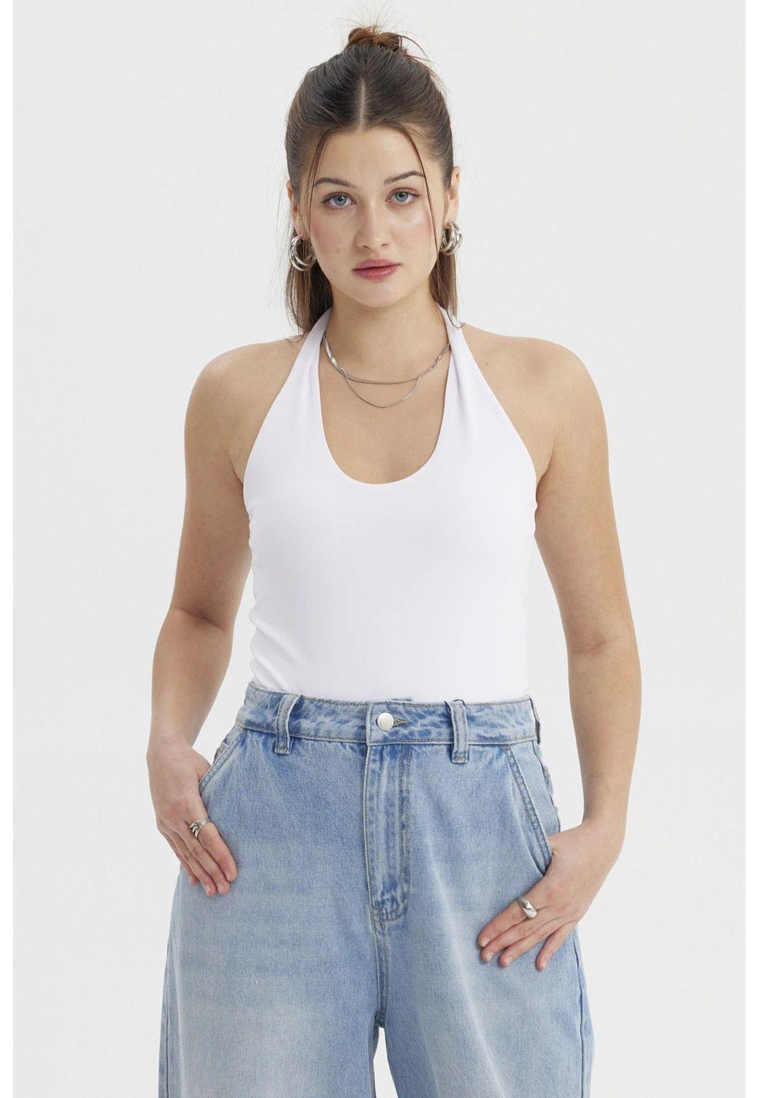 Polera Peto Mujer Halter Liso Crop Blanco-0