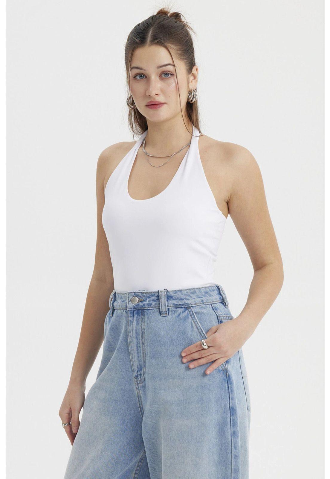 Polera Peto Mujer Halter Liso Crop Blanco-1
