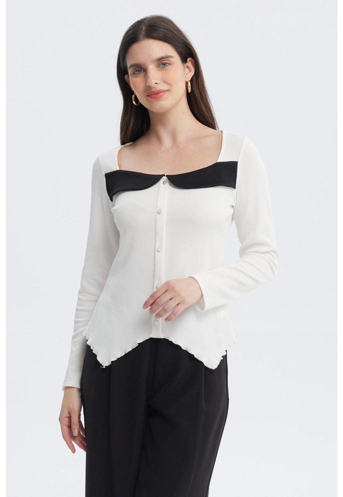 Polera Mujer Escote Cuadrado Aplicación Botones Crudo-0