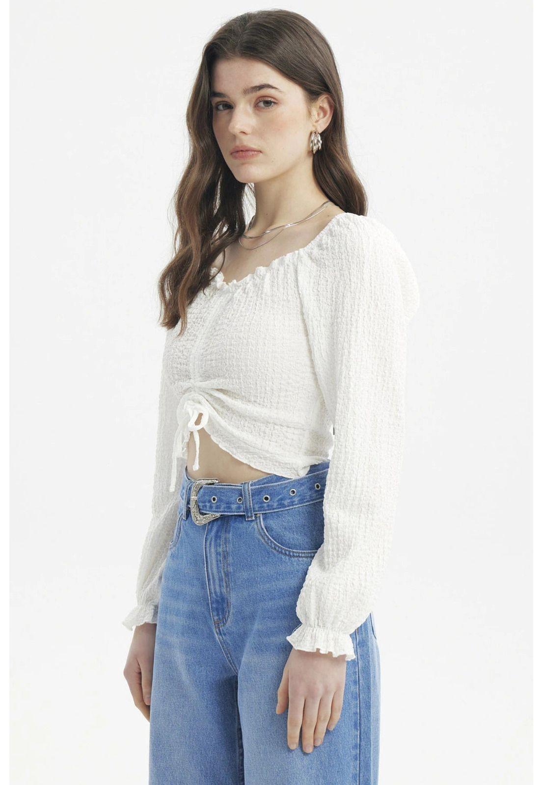 Blusa Mujer Recogido En El Pecho Crudo-1