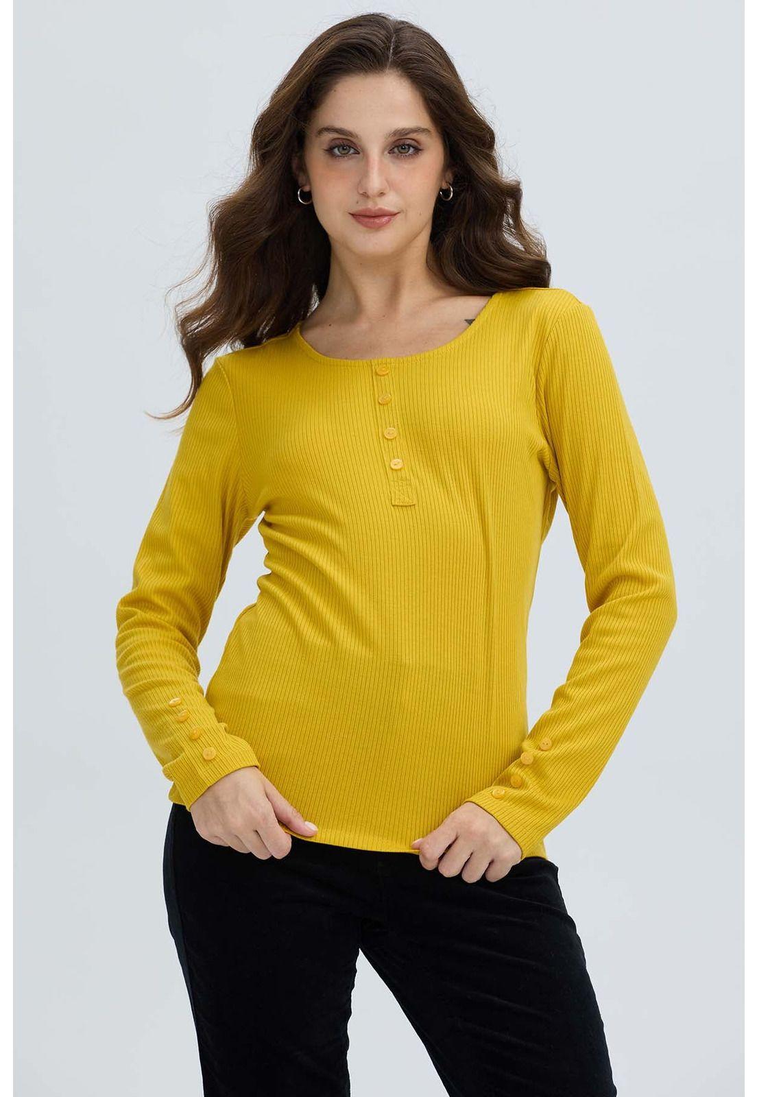 Polera Mujer Botón Rib Lisa Amarillo-0