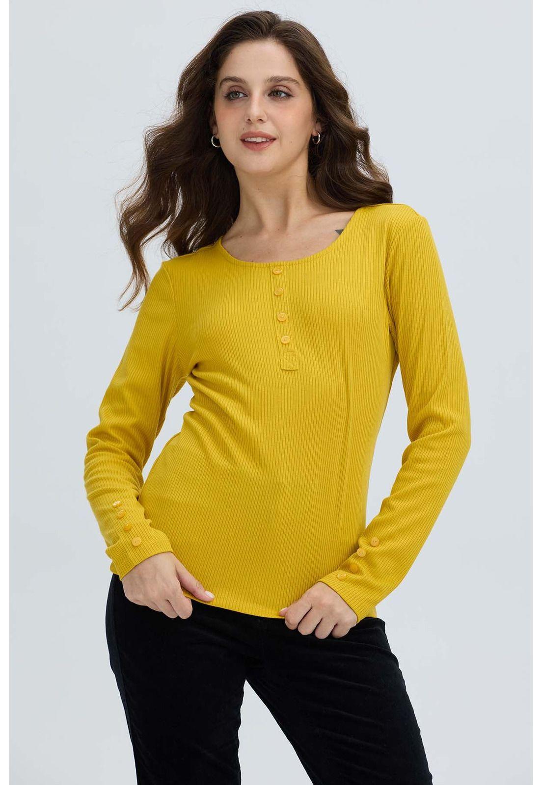 Polera Mujer Botón Rib Lisa Amarillo-1