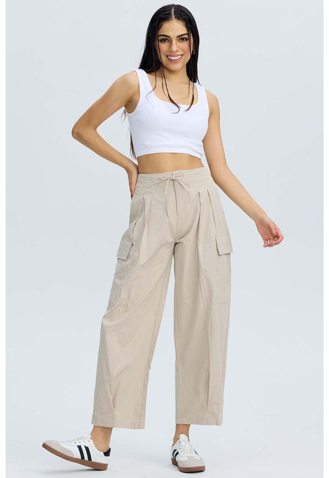 Pantalón Mujer Cargo Parachute Beige-3