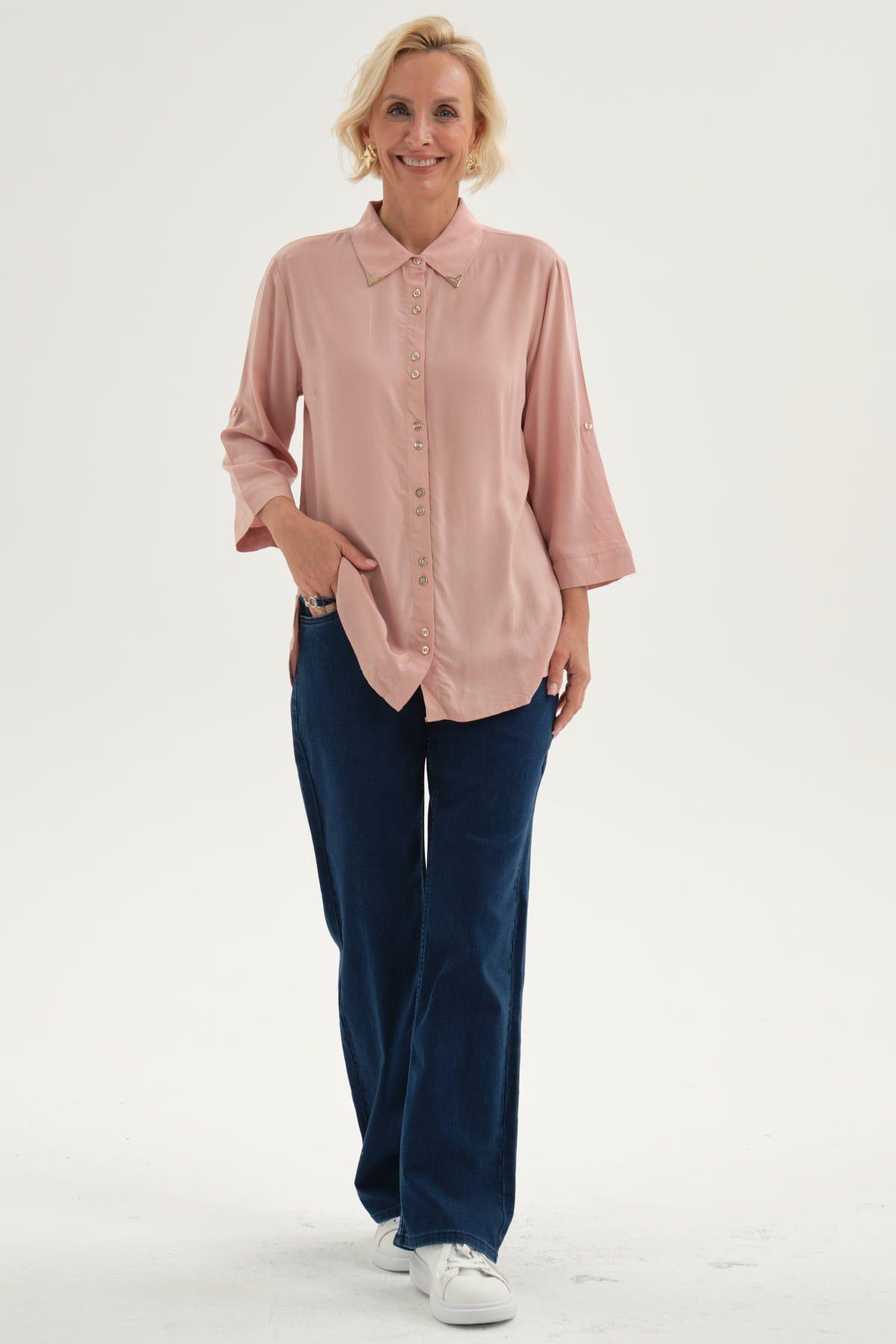 Blusa Mujer Abotonada Roll Up Palo Rosa-3