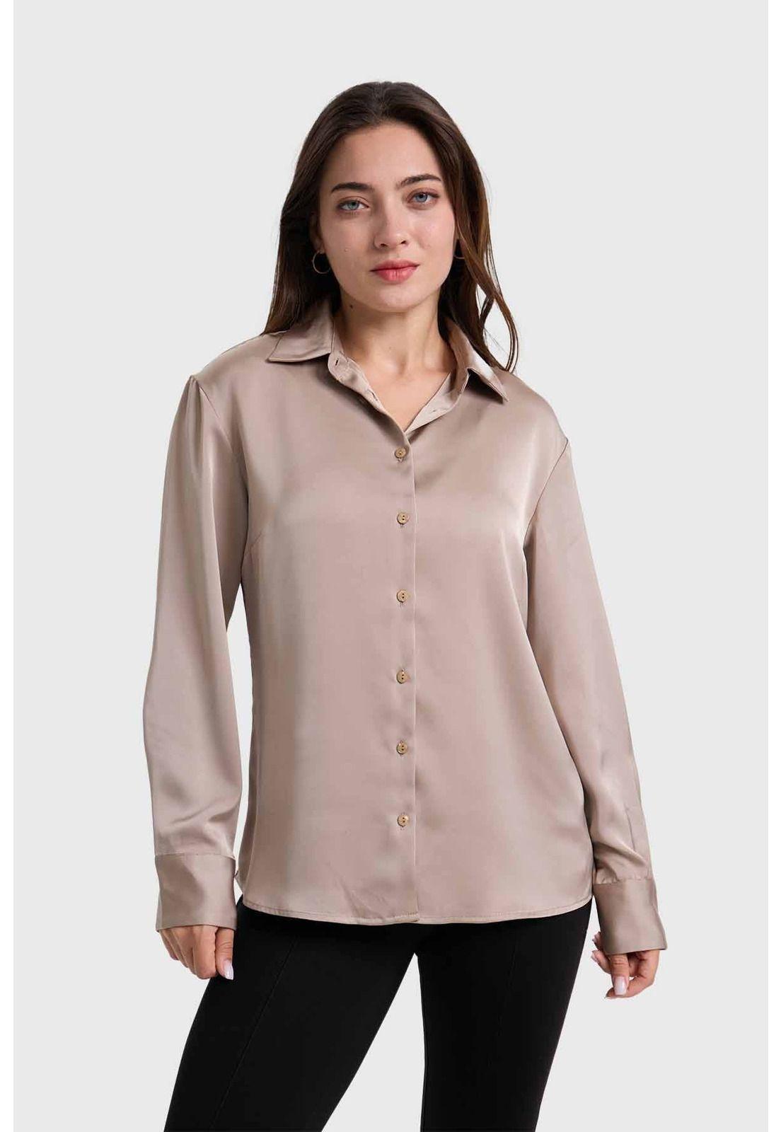 Blusa Mujer Satinada Abotonada Beige - ll-0