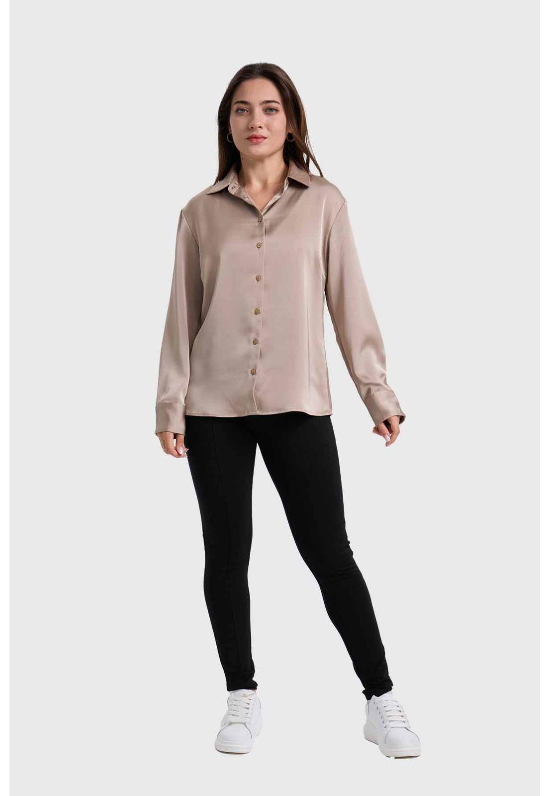 Blusa Mujer Satinada Abotonada Beige - ll-3