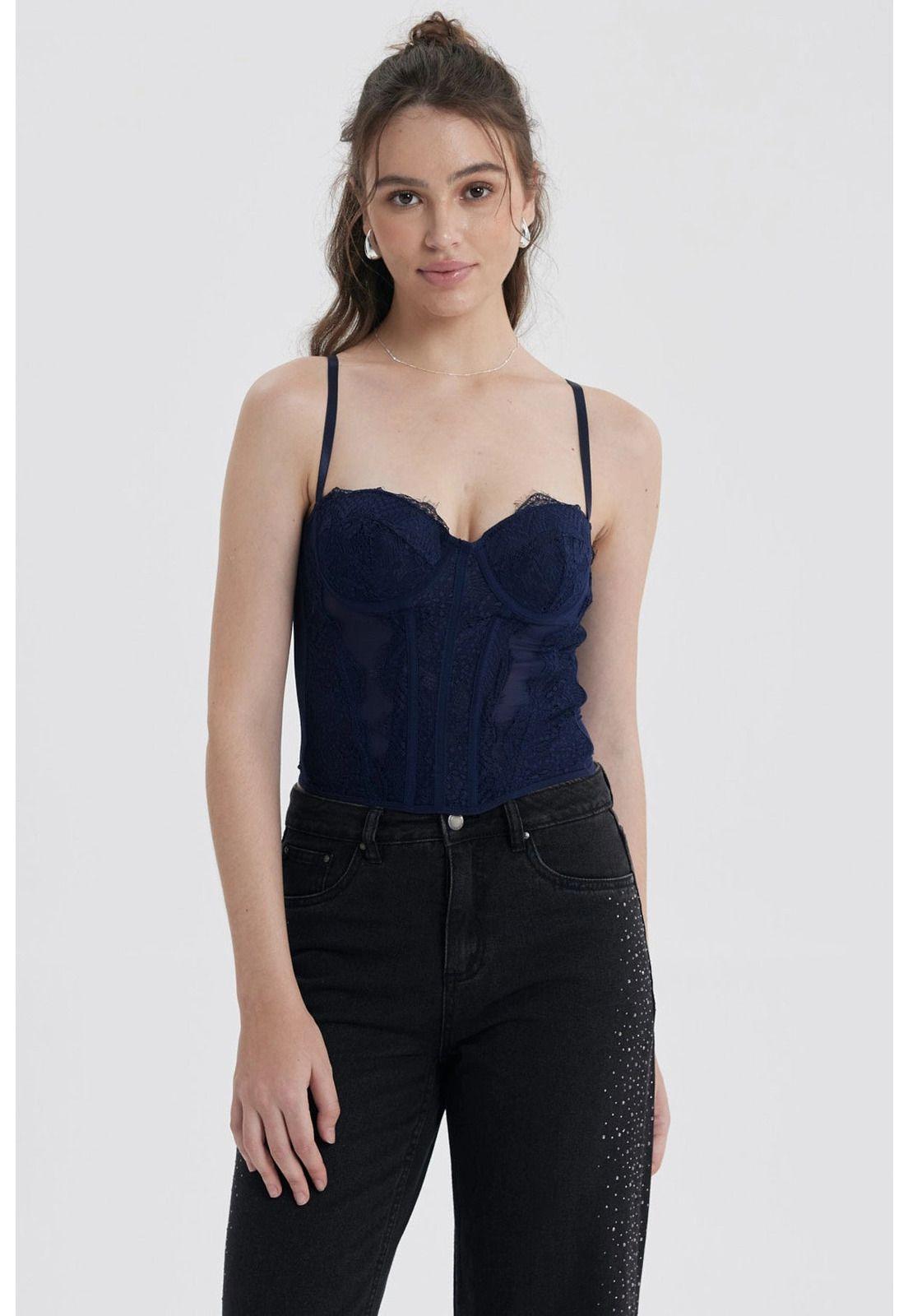 Blusa Mujer Corset Encaje Celeste-0