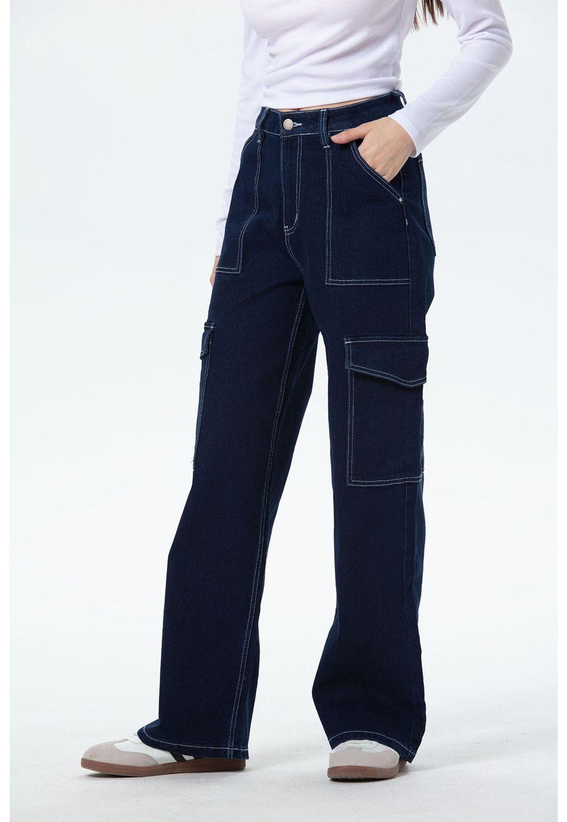 Jeans Mujer Cargo Calce Recto Azul Oscuro - ll-1