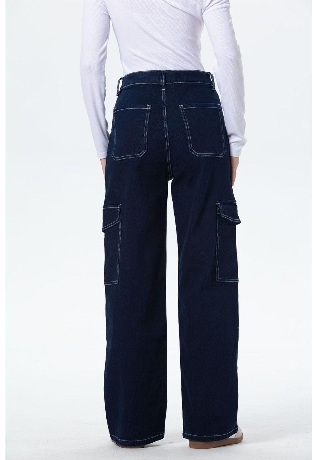 Jeans Mujer Cargo Calce Recto Azul Oscuro - ll-2