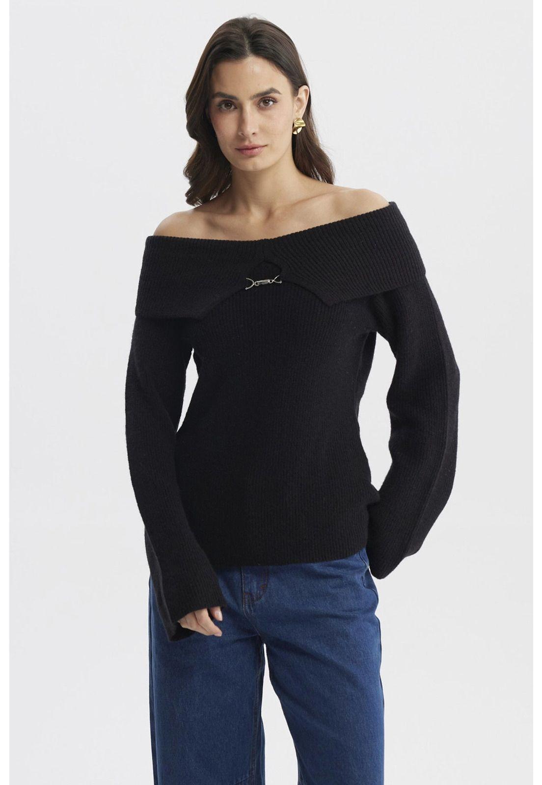 Sweater Mujer Ajustado Hombro Descubierto Negro-0