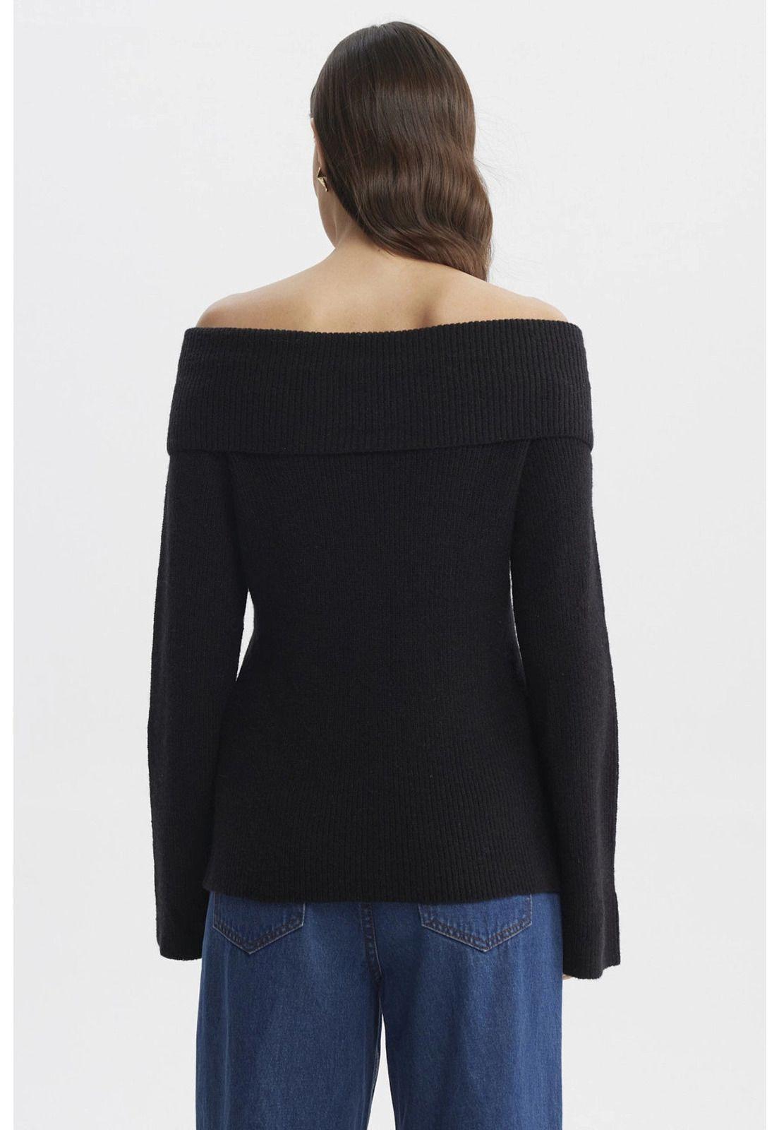 Sweater Mujer Ajustado Hombro Descubierto Negro-2