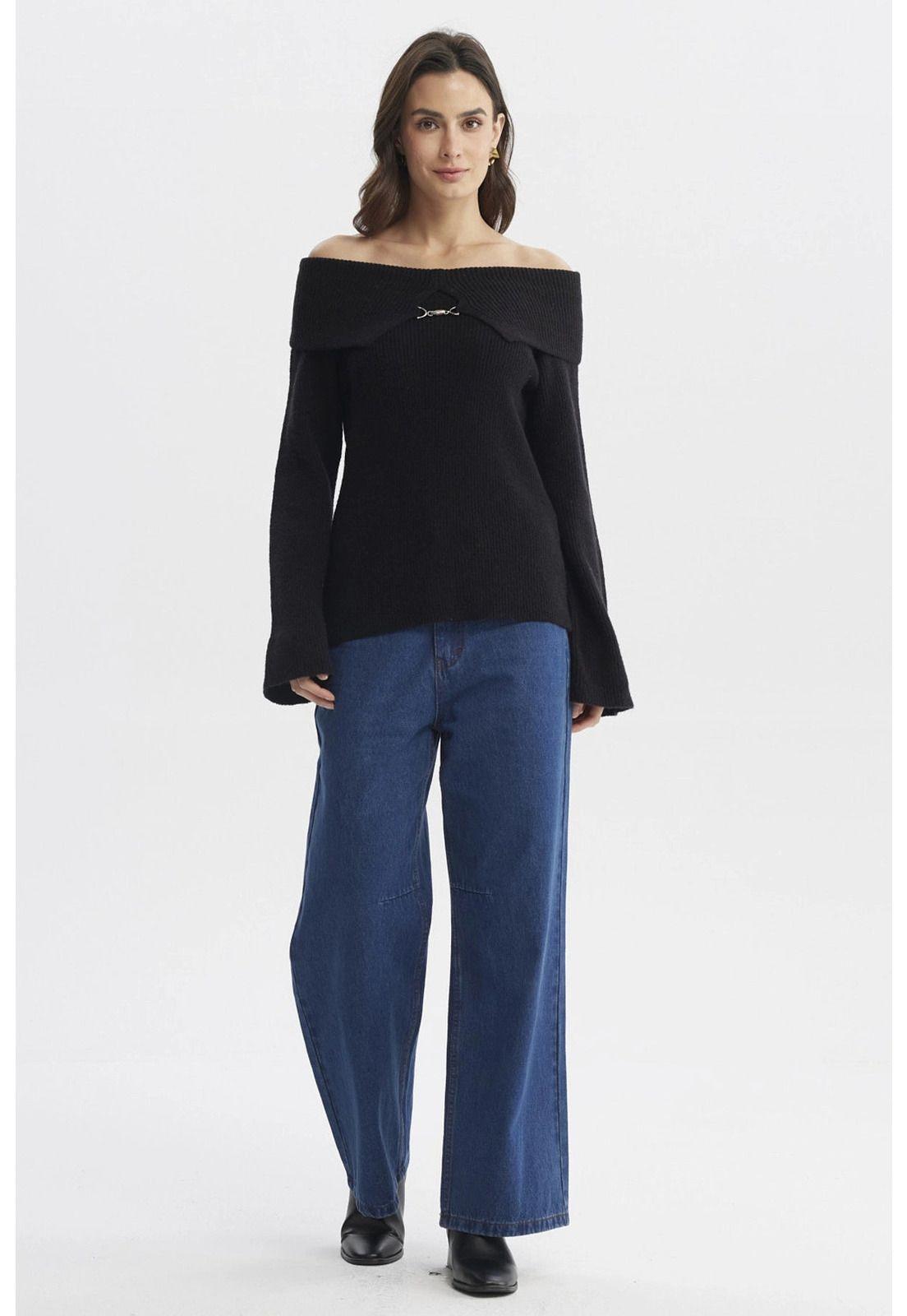 Sweater Mujer Ajustado Hombro Descubierto Negro-3