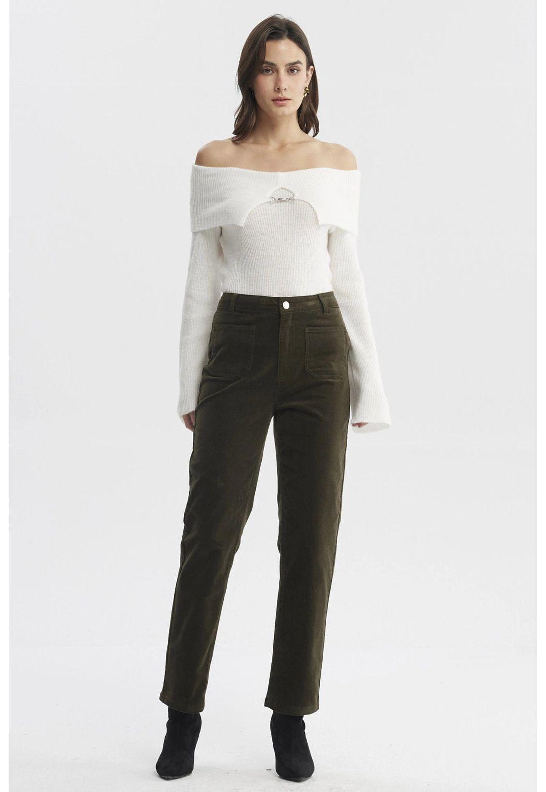 Pantalón Mujer Cotelé Calce Slim Verde-3