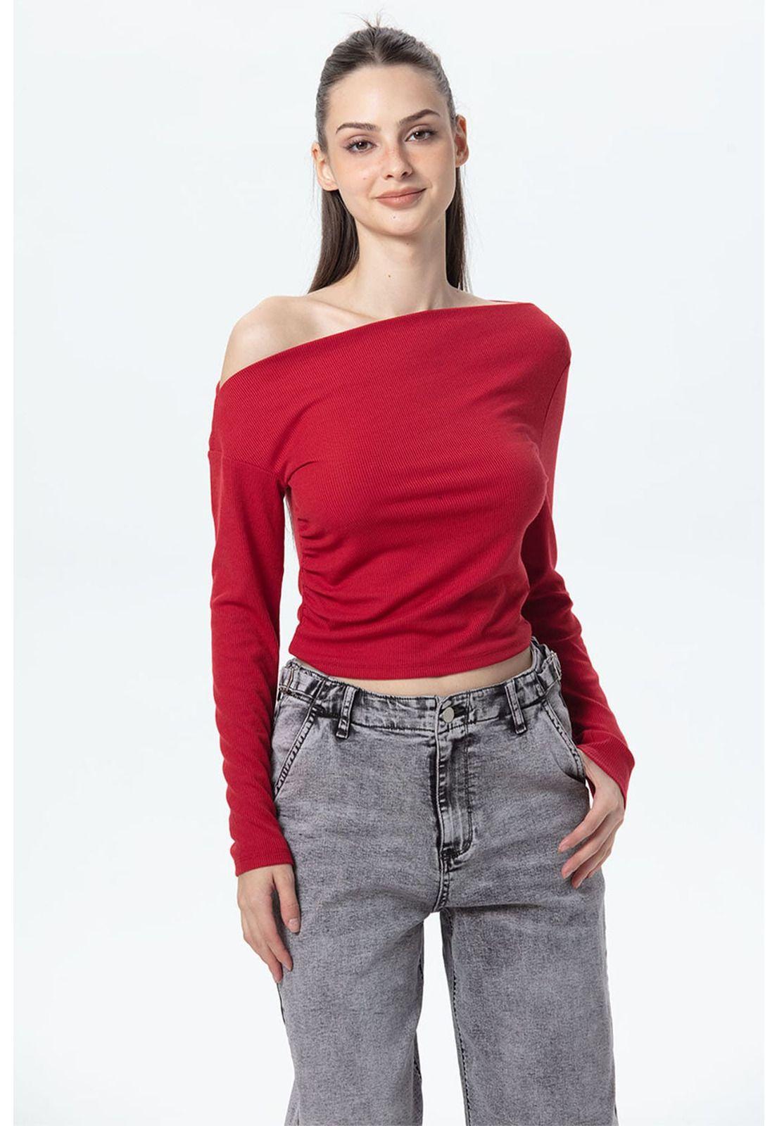Polera Mujer Asimétrica Hombro Rojo-0
