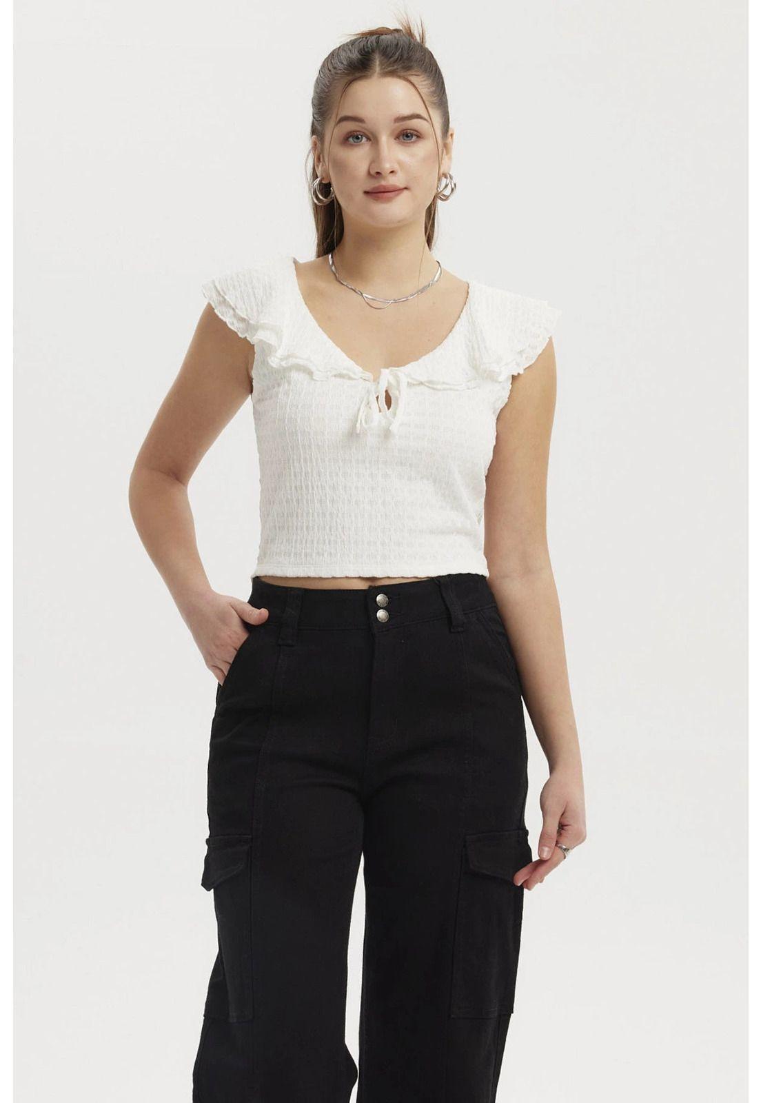 Polera Mujer Cuello Con Vuelos Blanco-0