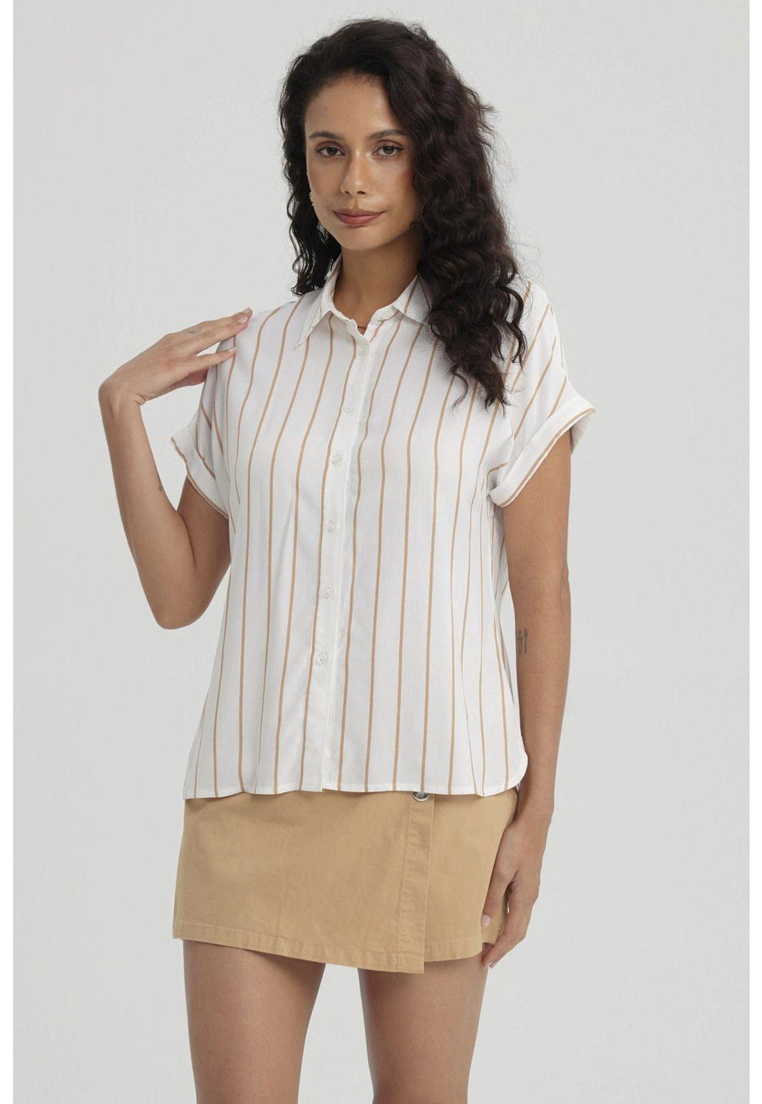 Blusa Mujer Rayada Abotonada Camel-0