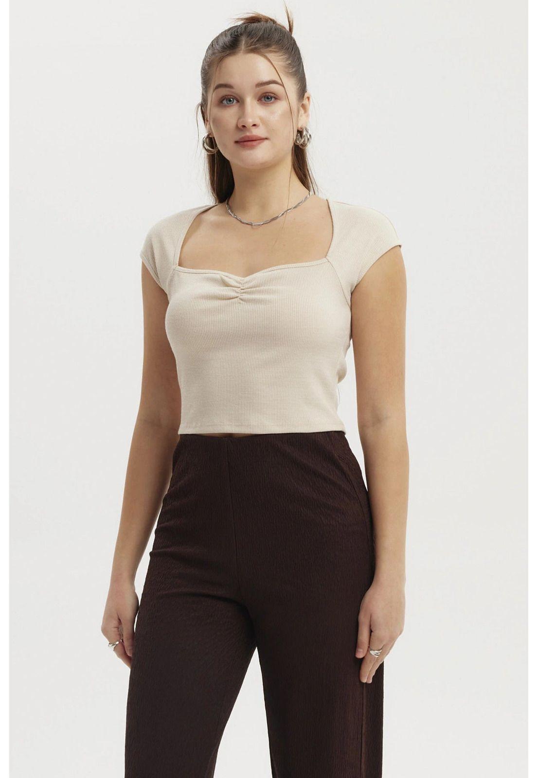 Polera Mujer Escote Corazón Rib Beige-0