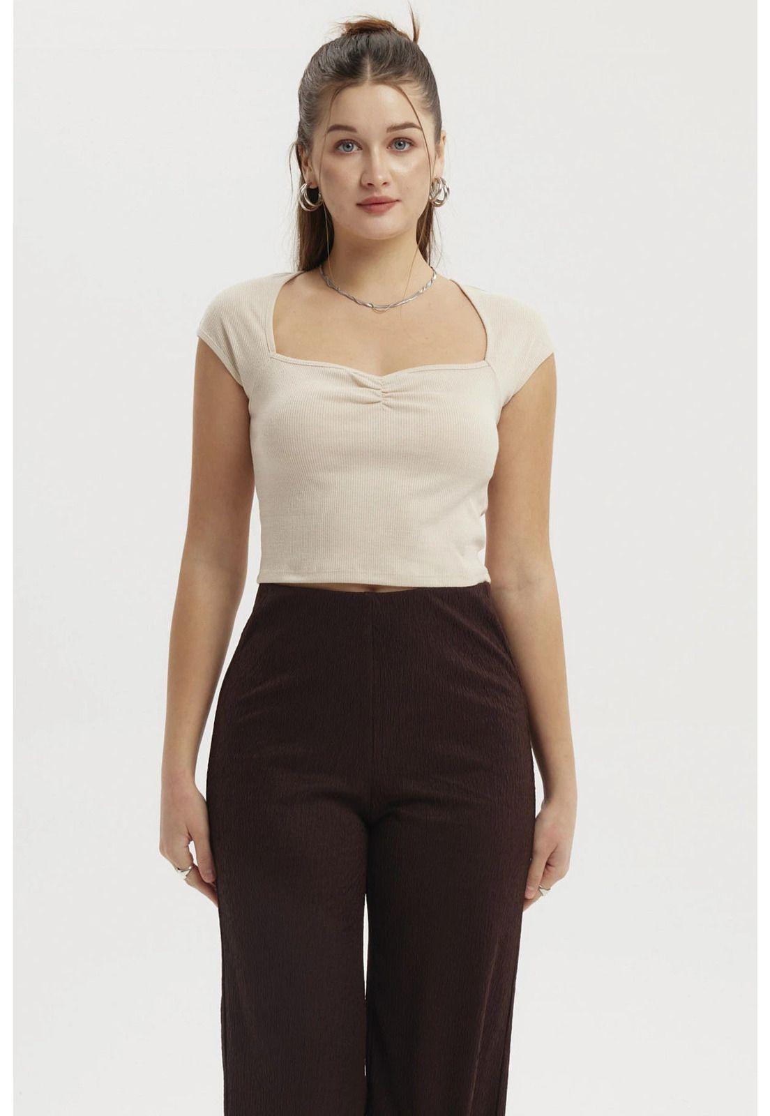 Polera Mujer Escote Corazón Rib Beige-1