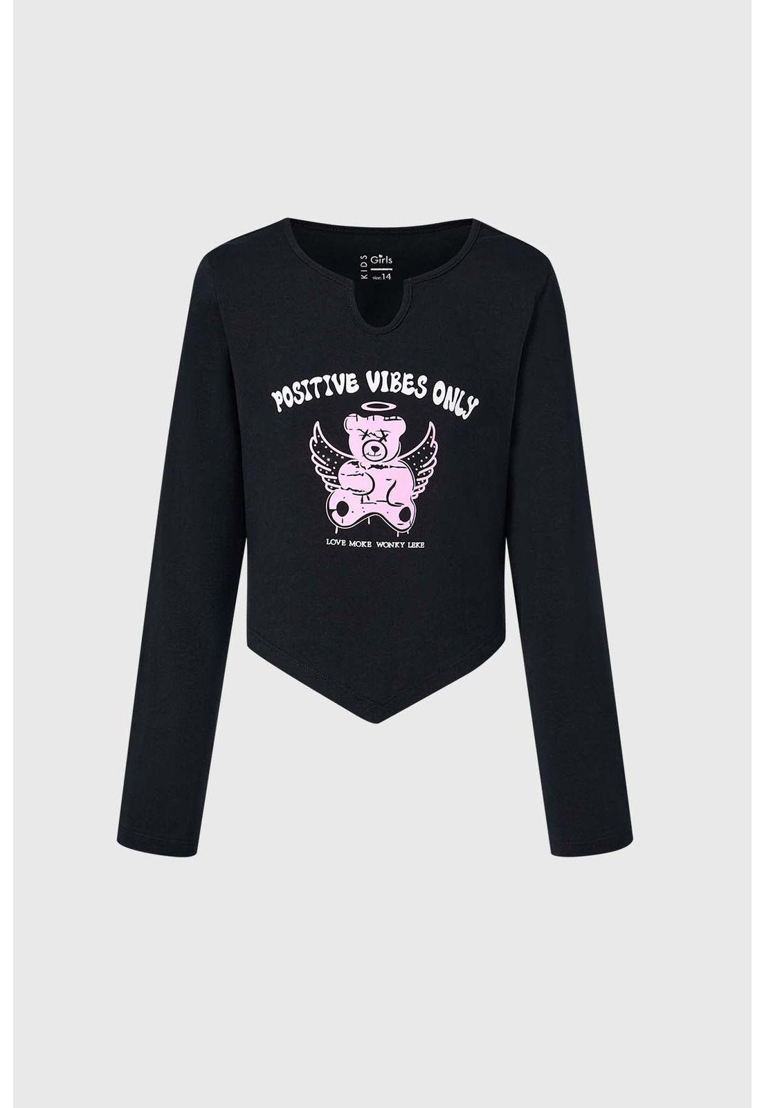 Polera Niña Crop Con Print Negro-0