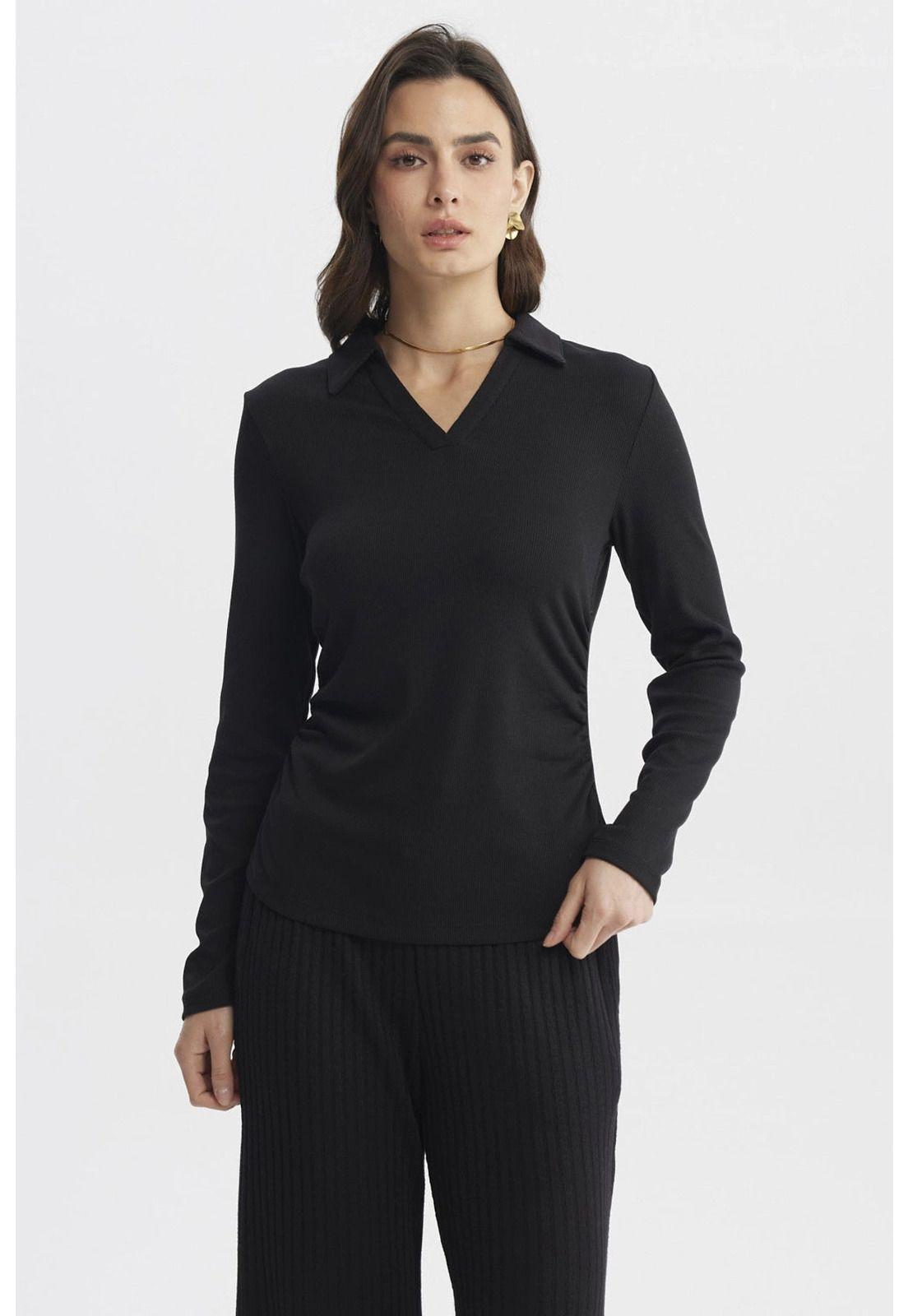 Polera Mujer Cuello Camisero Negro - ll-0