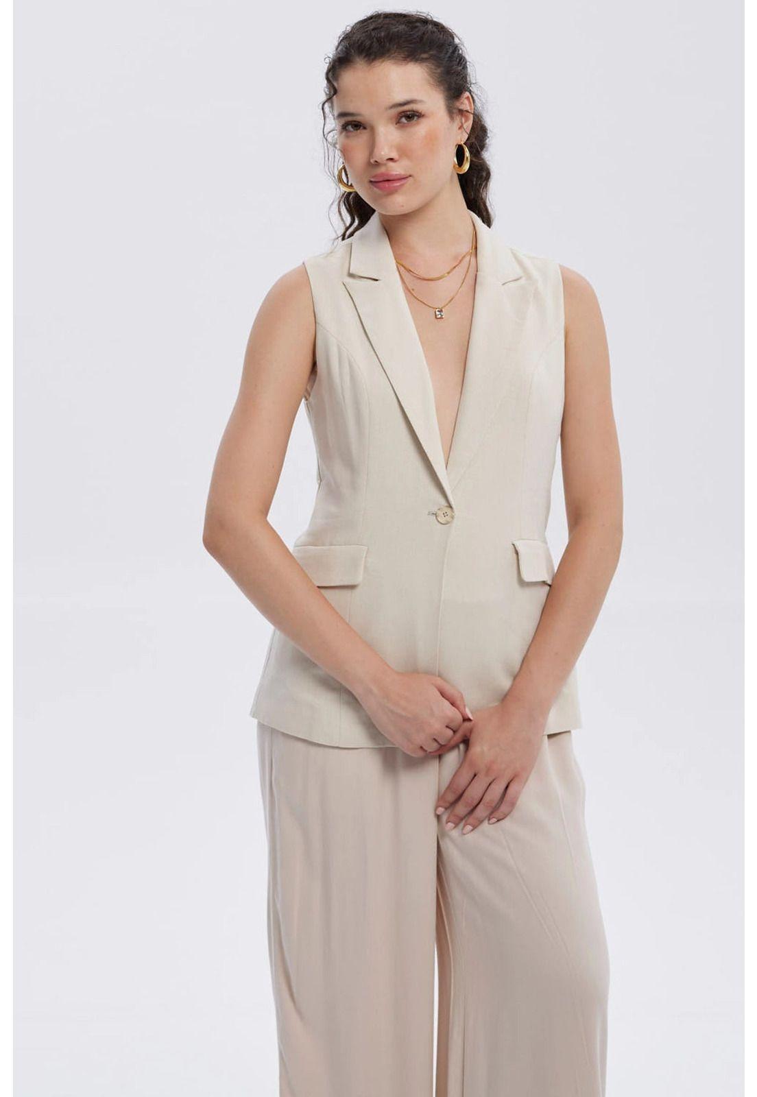 Blazer Mujer Lino 2 Bolsillos Arena-0