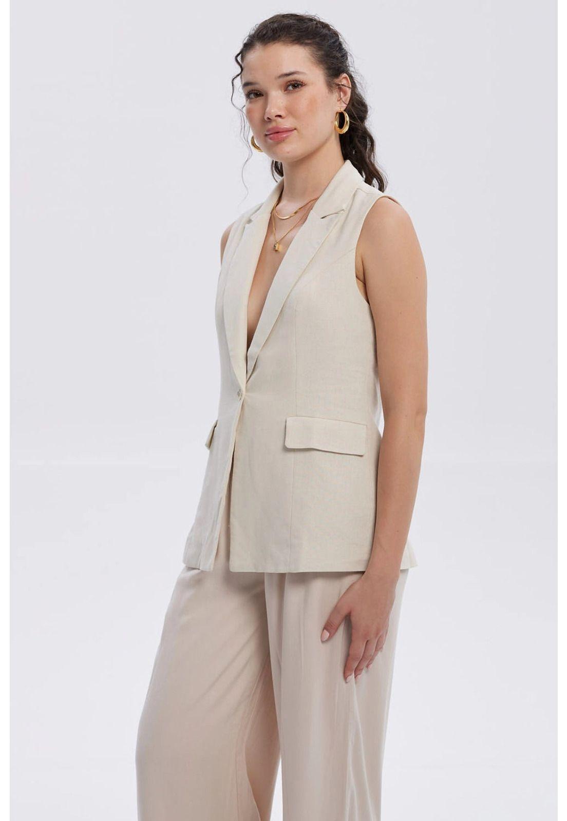 Blazer Mujer Lino 2 Bolsillos Arena-1